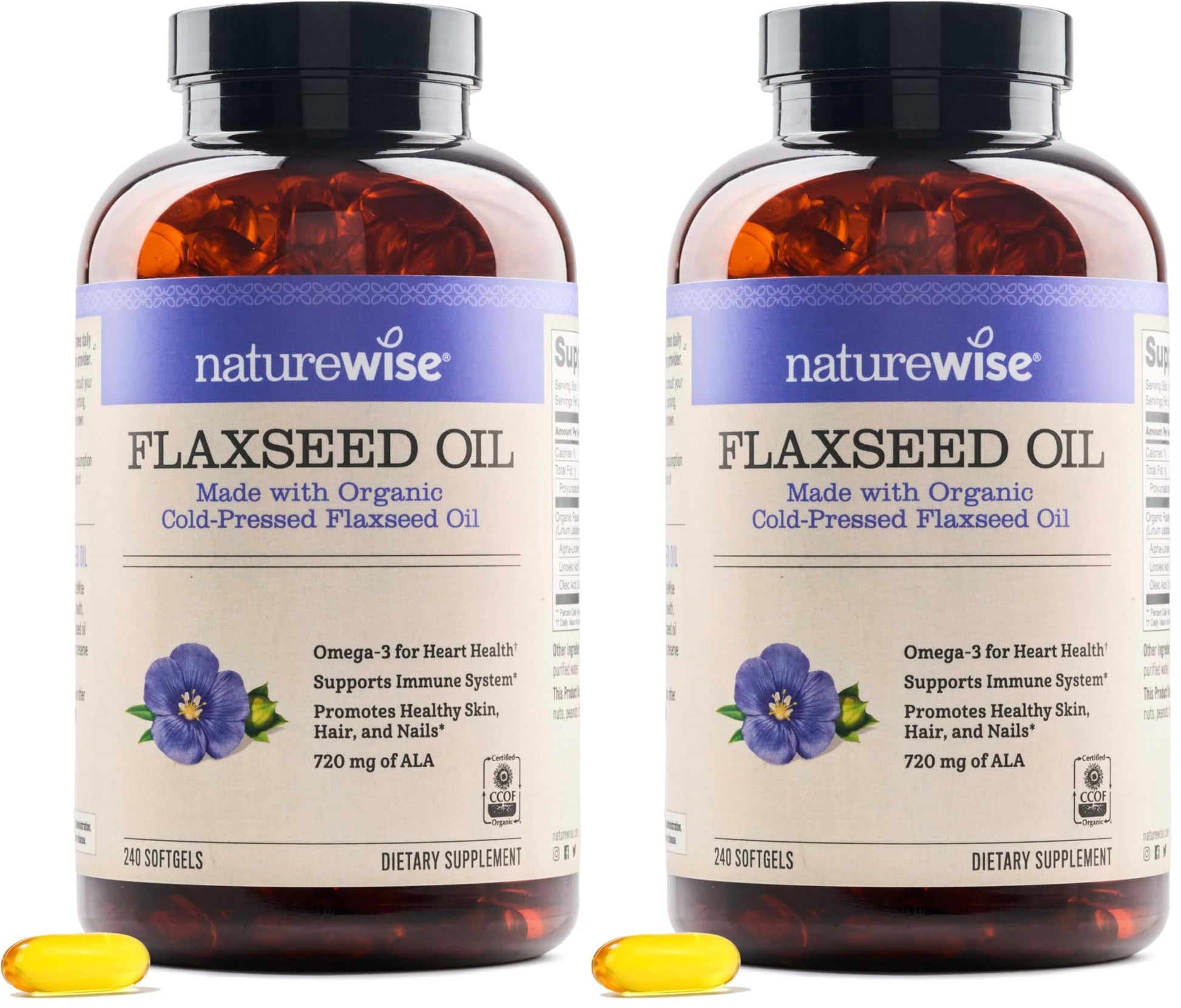 NatureWise Flaxseed Oil Softgels 1,242 mg with 720 mg ALA, Organic Cold Pressed Non-GMO, 480 Softgels