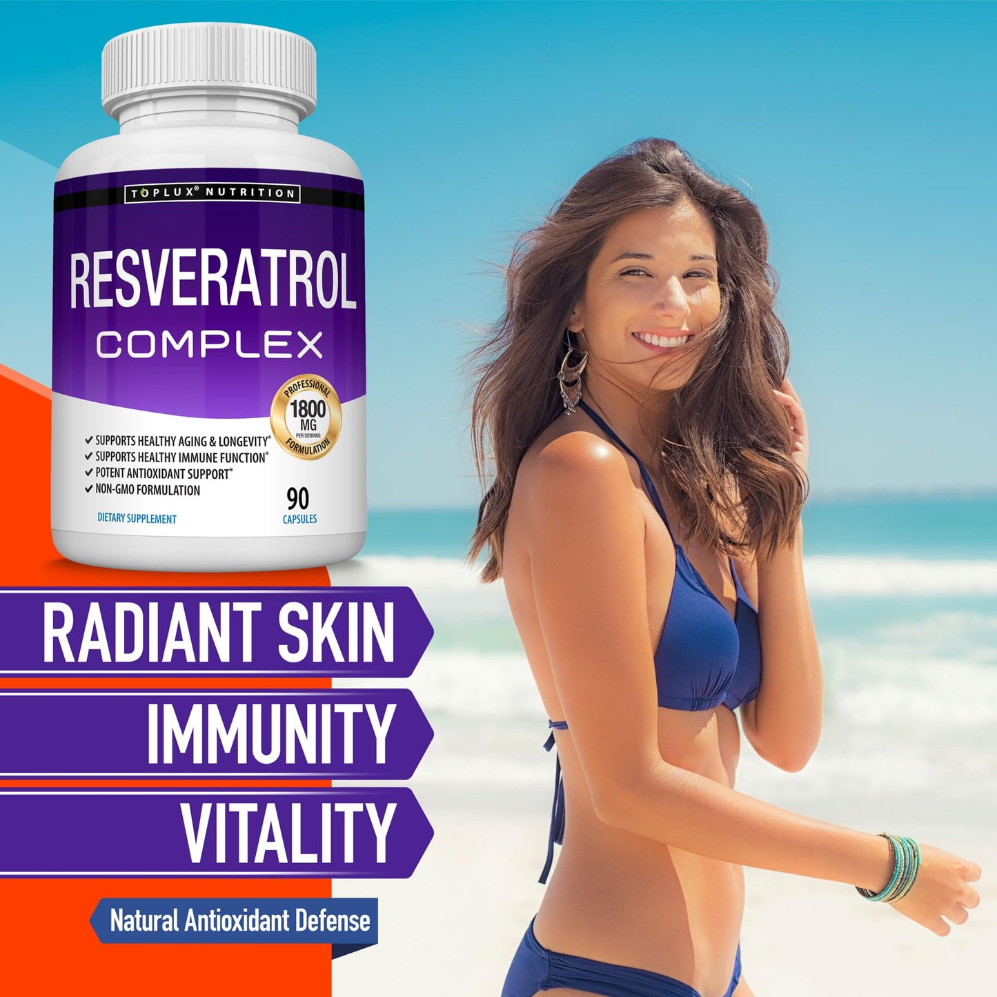 Toplux Resveratrol Supplement 1800 mg Antioxidant Complex - Highly Potent Natural Trans-Resveratrol Pills for Healthy Aging, Overall Health Support, Immune System, Brain Function, for Men Women, 90 Capsules