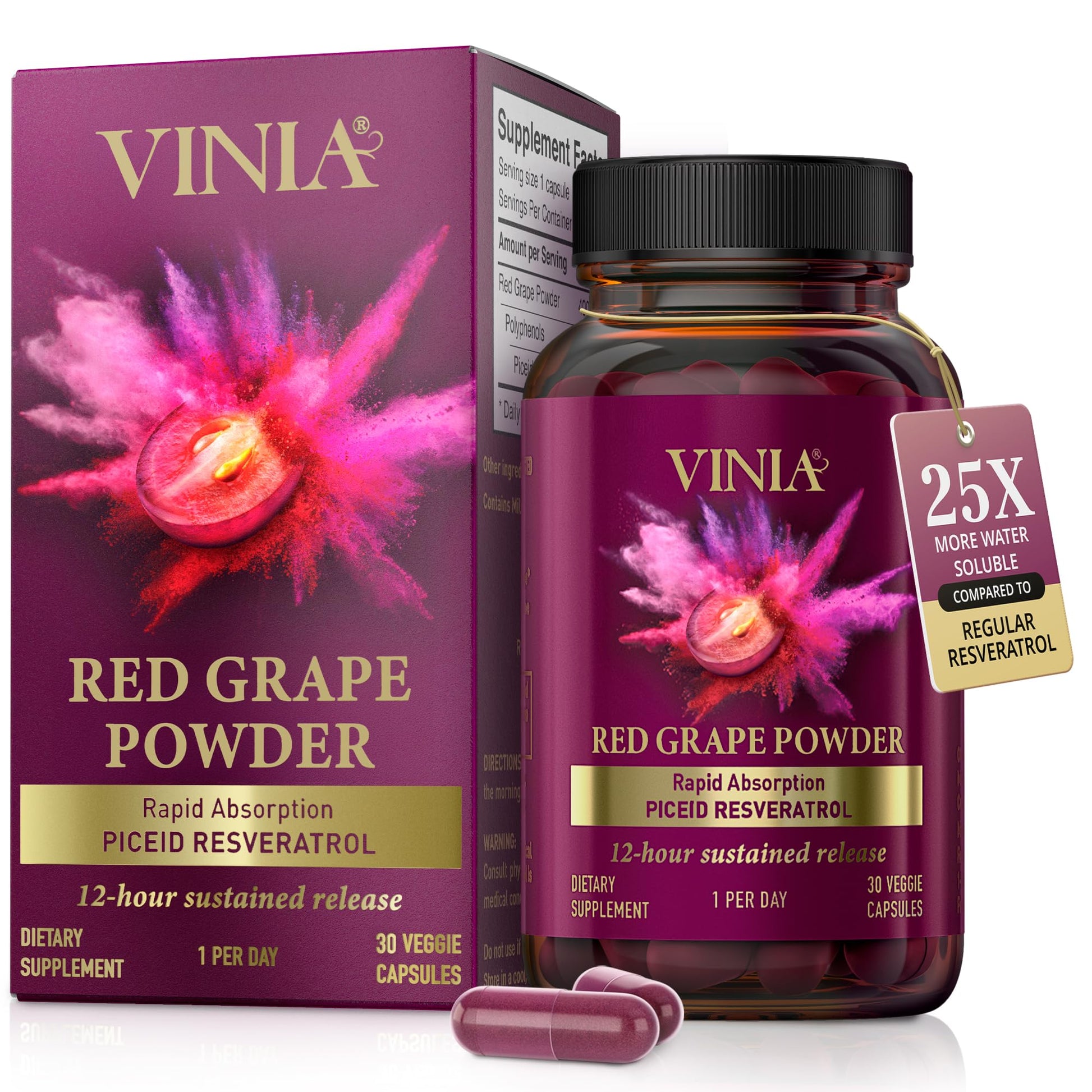 VINIA Piceid Resveratrol Supplement Capsules, 30 Count