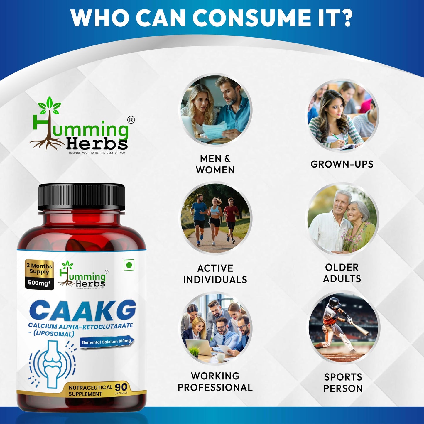 Humming Herbs Calcium Alpha-Ketoglutarate Supplement (CAAKG) 500 mg – Provides 100 mg Elemental Calcium – Non-GMO – Vegan Capsules, 90 Capsules
