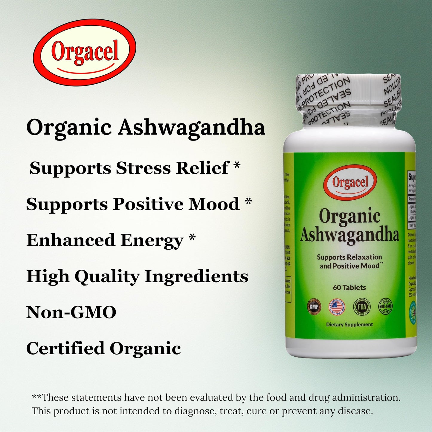 Orgacel Organic Ashwagandha 675 mg Tablet, 60 Vegan, Non-GMO Tablets