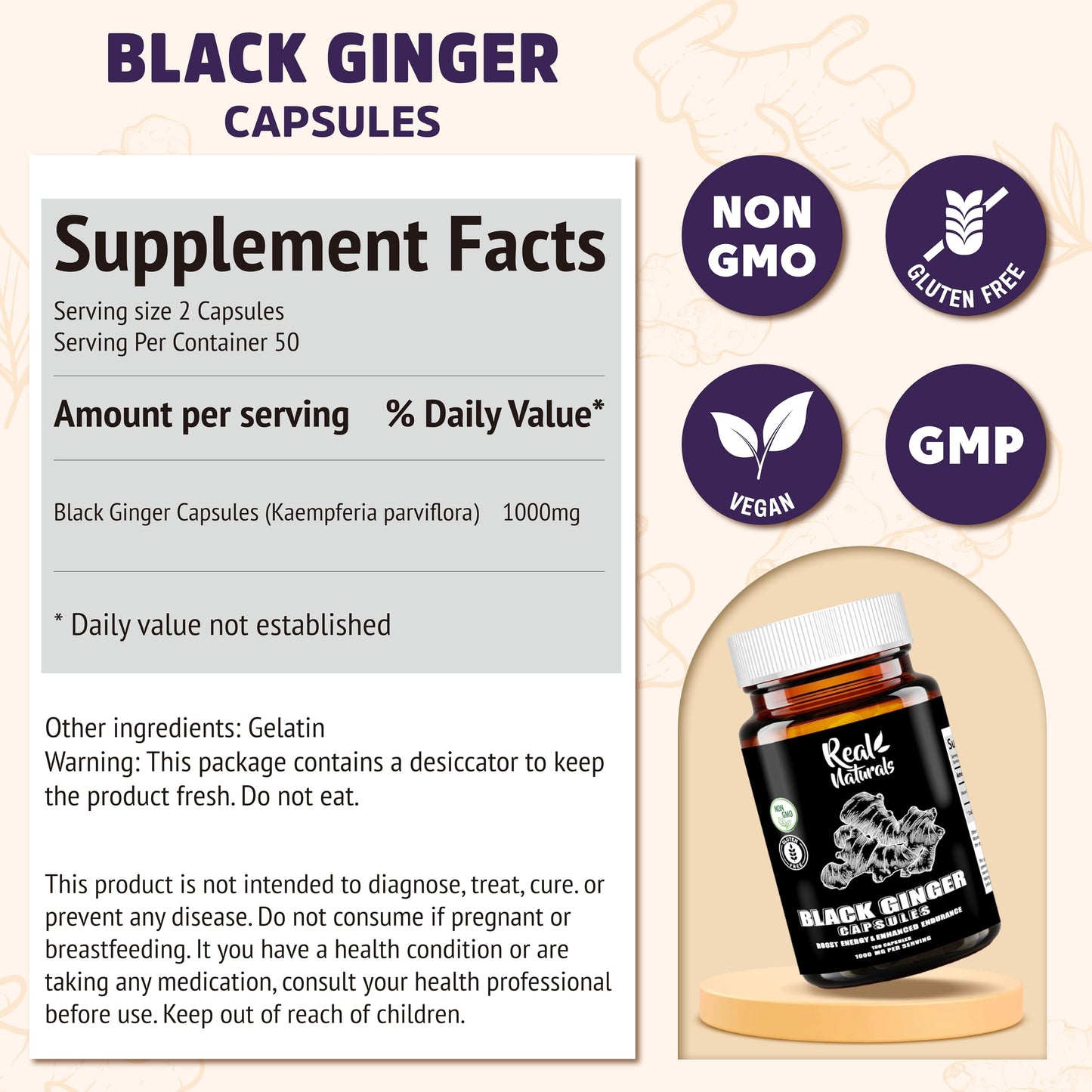 Real Naturals Black Ginger for Men 500 mg Capsule, 100 Count