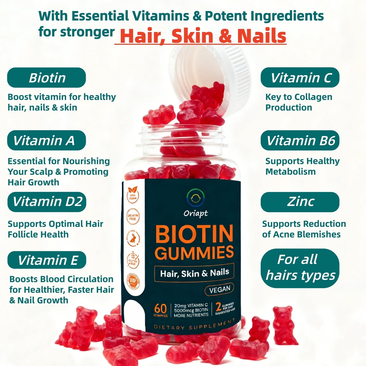ORIAPT Hair Skin Nails Biotin Gummies, 60ct Raspberry Chew Multivitamin
