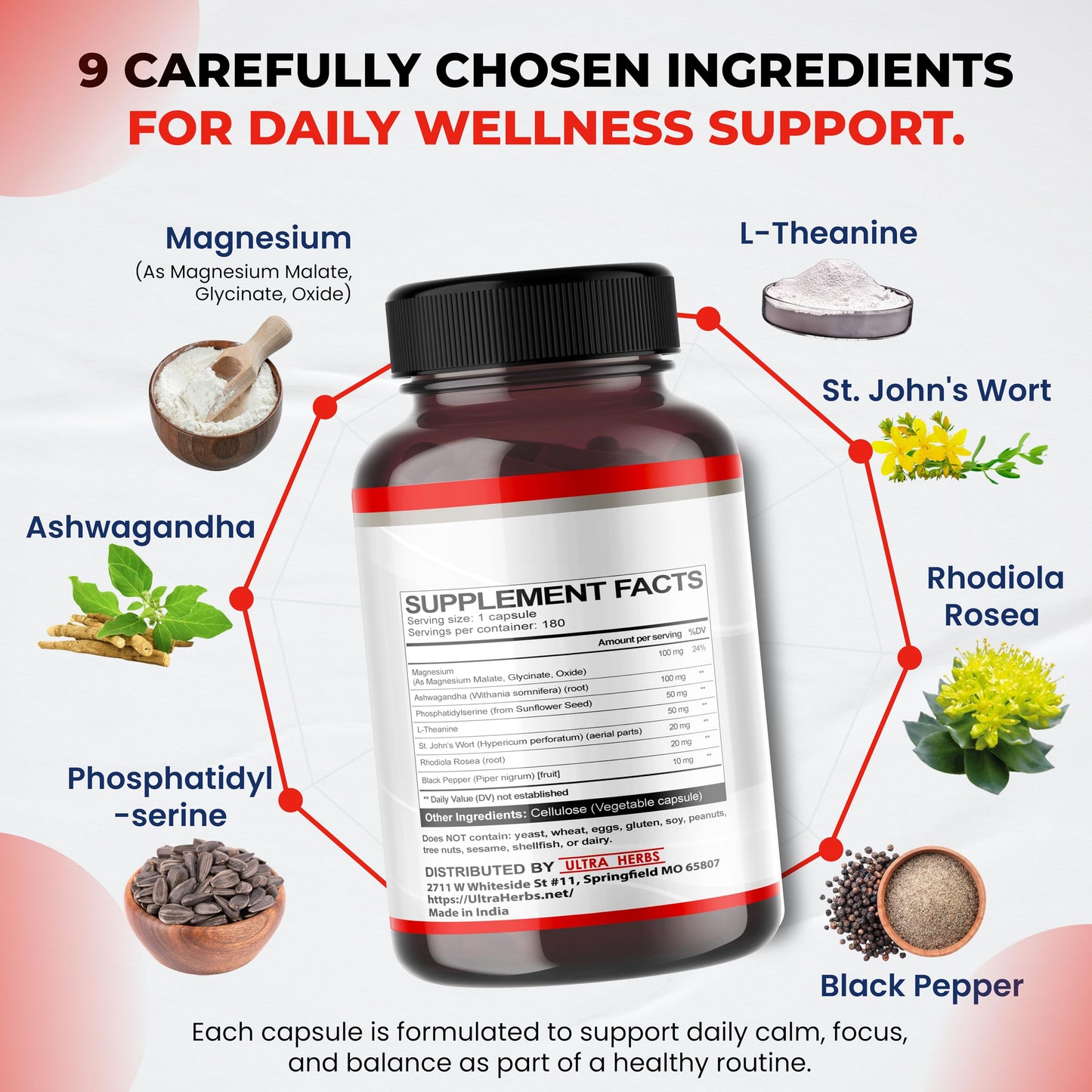 ULTRA HERBS CORTISOL Shield 9-in-1 Magnesium + Ashwagandha with Phosphatidylserine, L-Theanine, St. John's Wort, Rhodiola Rosea Capsule, 180 Count