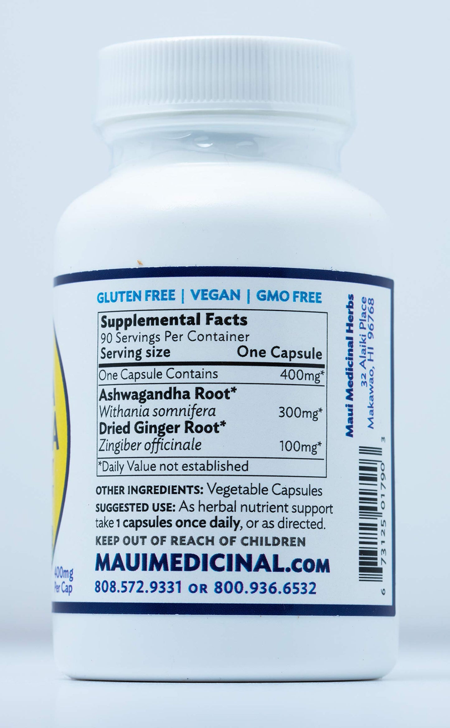 Maui Medicinal Herbs Ashwagandha Plus Ginger Capsules 60 Count