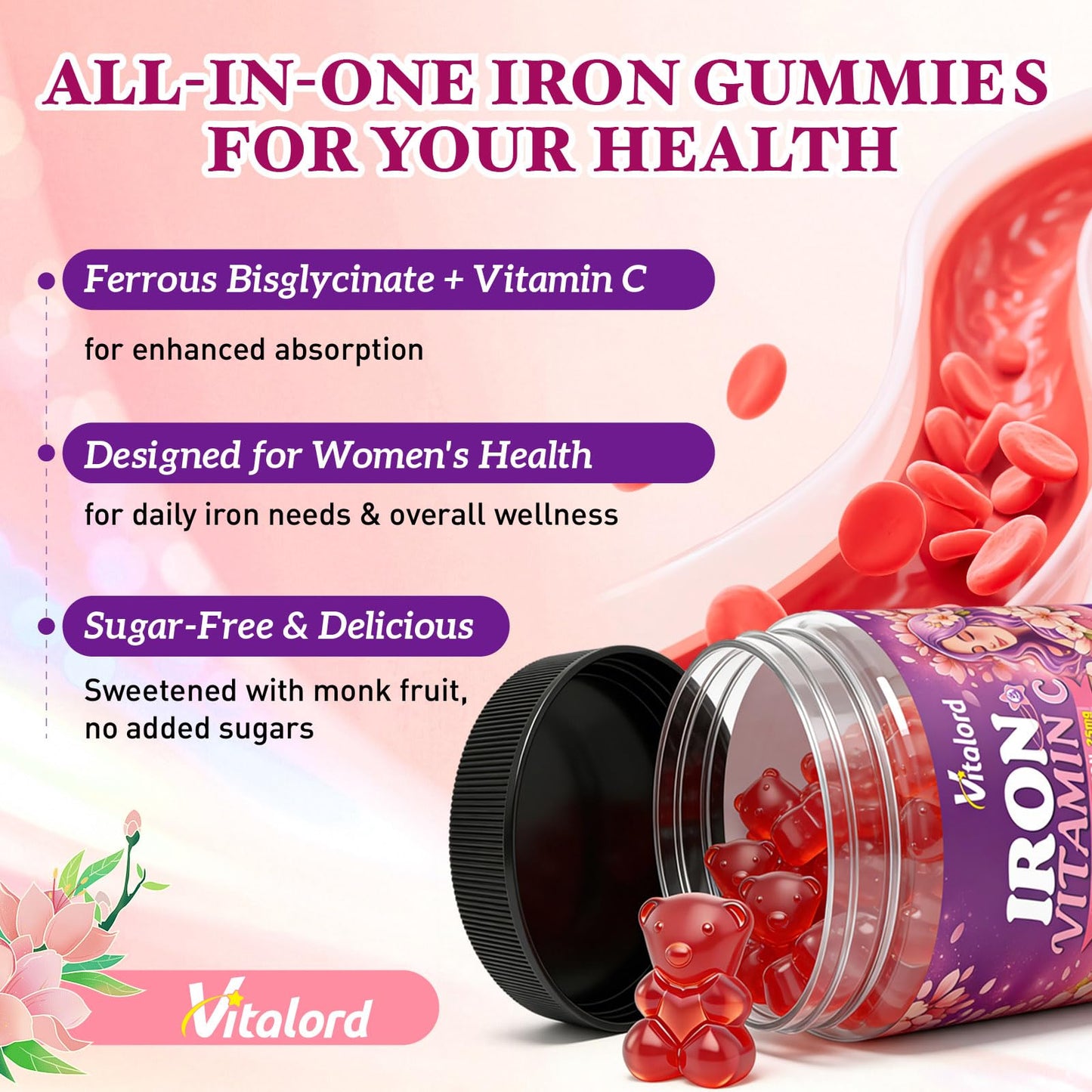 Vitalord Iron Bisglycinate Gummies 60 Count