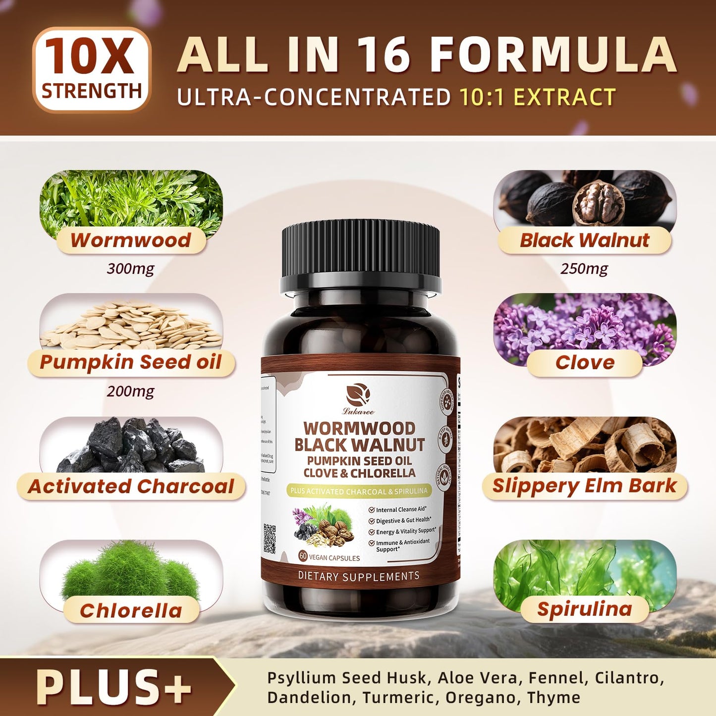 Lukaree Wormwood Black Walnut Cleanse for Human 1200mg Gut Health Supplement Capsule, 60 Count