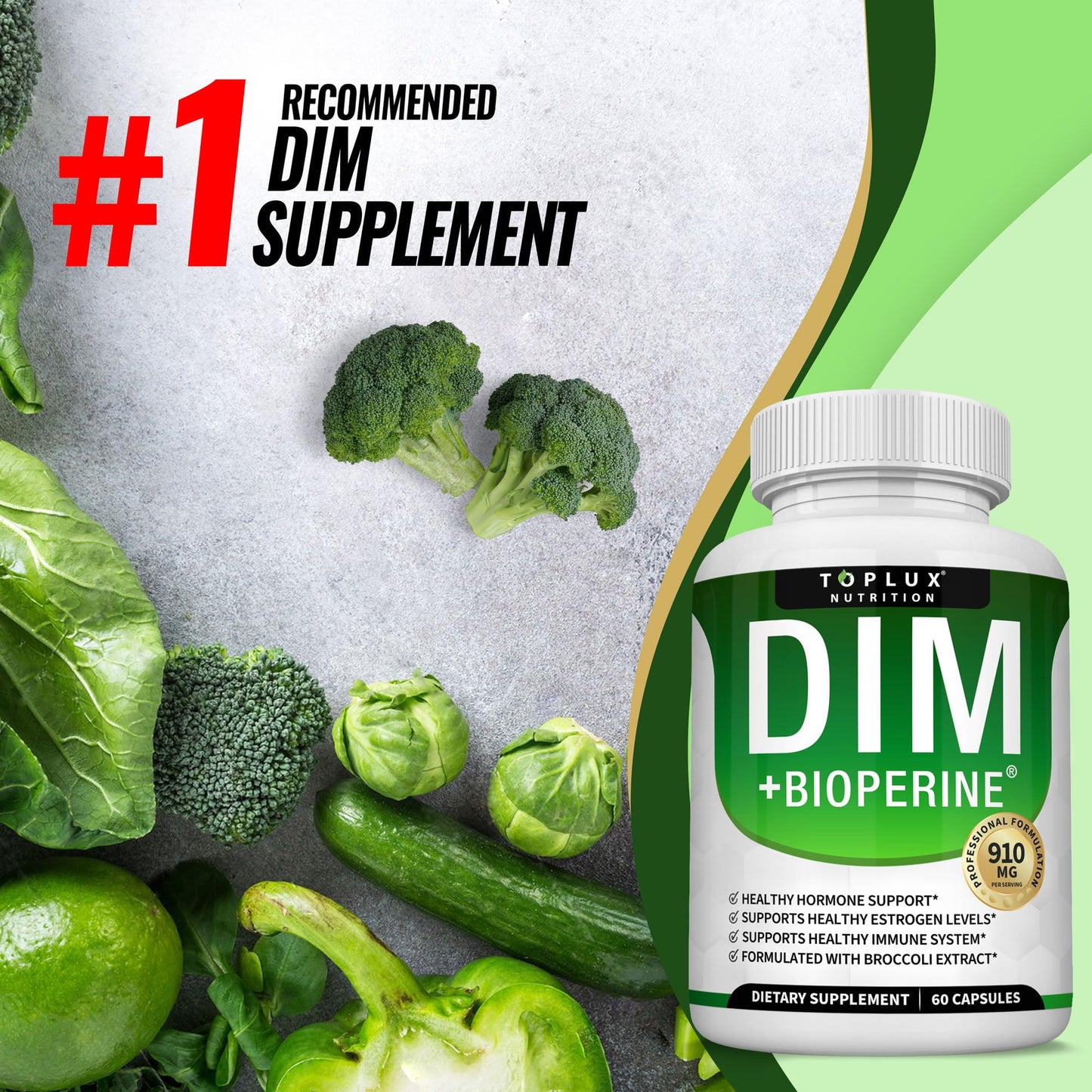Toplux DIM Supplement 910mg - Diindolylmethane to Support Estrogen Metabolism & Hormone Balance for Men & Women, Vegan Non-GMO, 120 Capsules