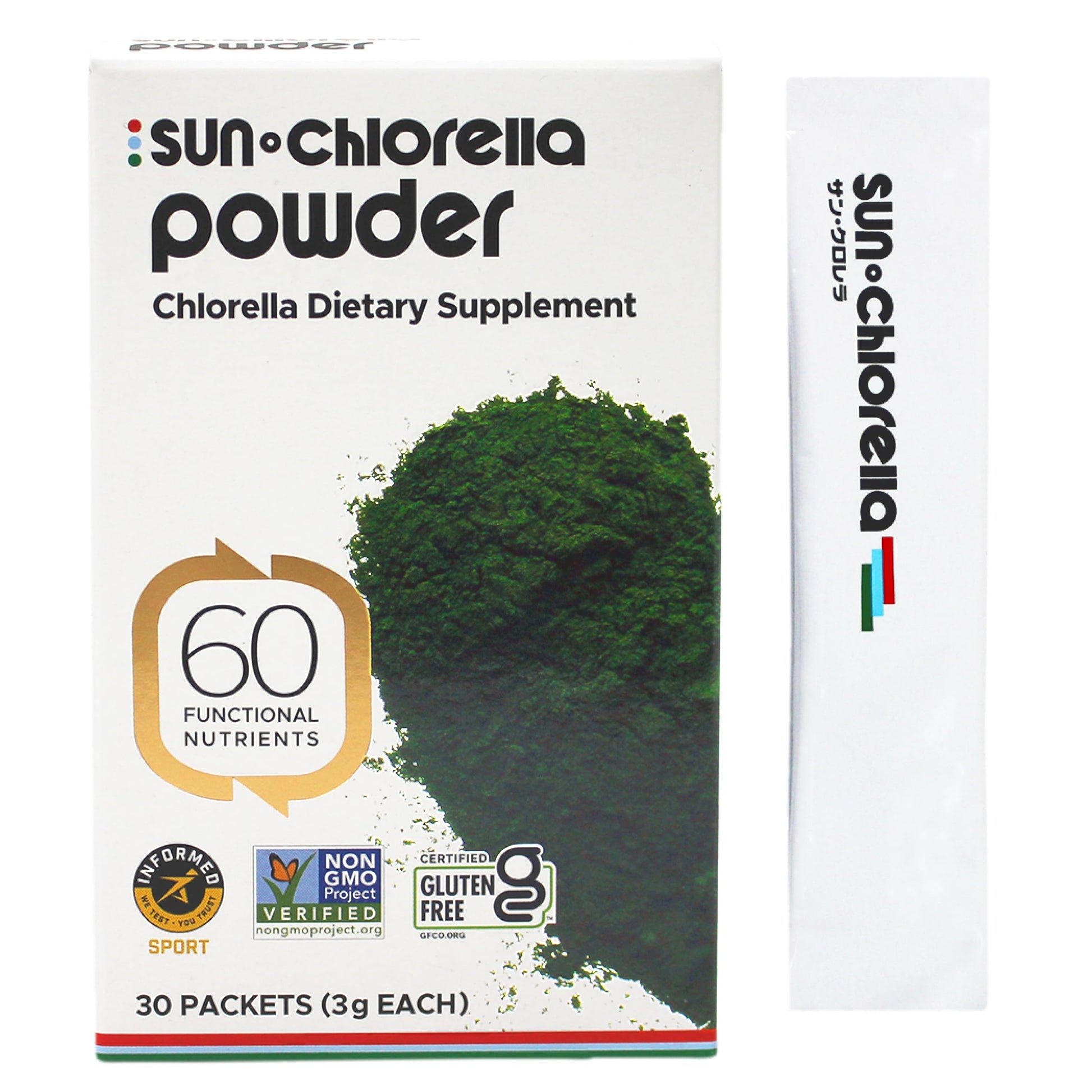 Sun Chlorella Powder 3g Single-Serve Packets, B12-Vitamin D Support, 30 Packets