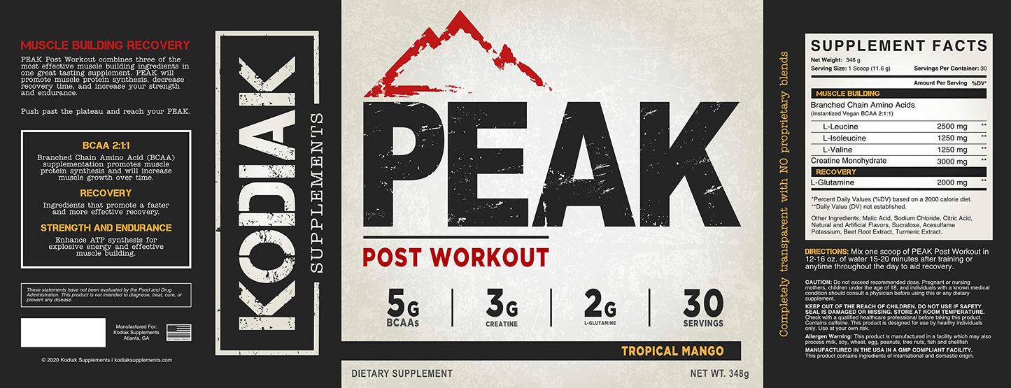 Kodiak Supplements Peak Post Workout BCAA 2:1:1 Creatine Glutamine Muscle Recovery and Strength Building Supplement Powder, 12.3 Ounce