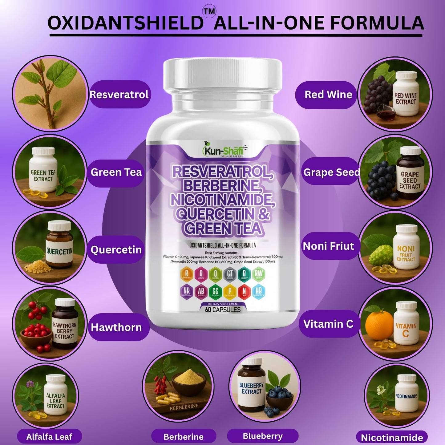 Kun Shafi Berberine & Resveratrol Complex with Quercetin, Grape Seed, Green Tea, Vitamin C, and Nicotinamide Riboside NAD+ & Antioxidant Polyphenol Capsules, 60 Count