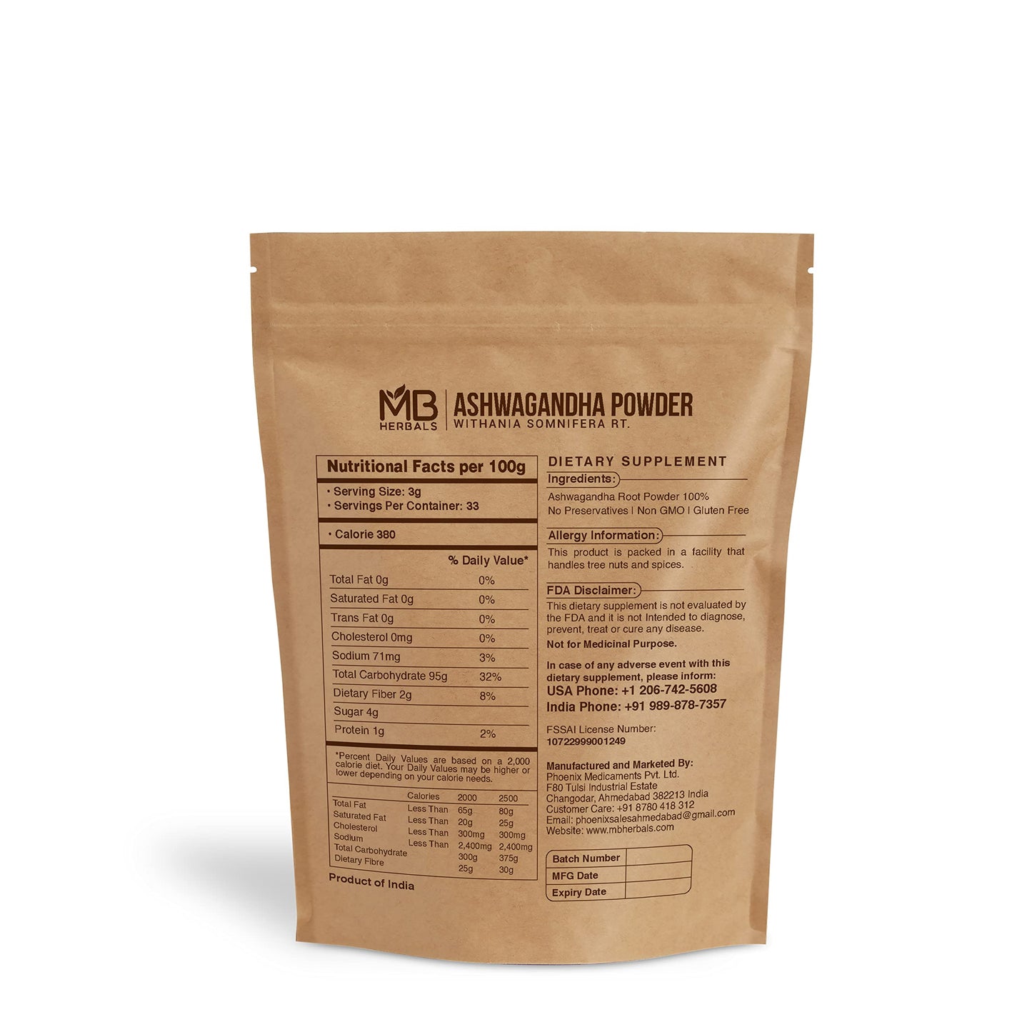 MB Herbals Pure Ashwagandha Powder 3.5 oz