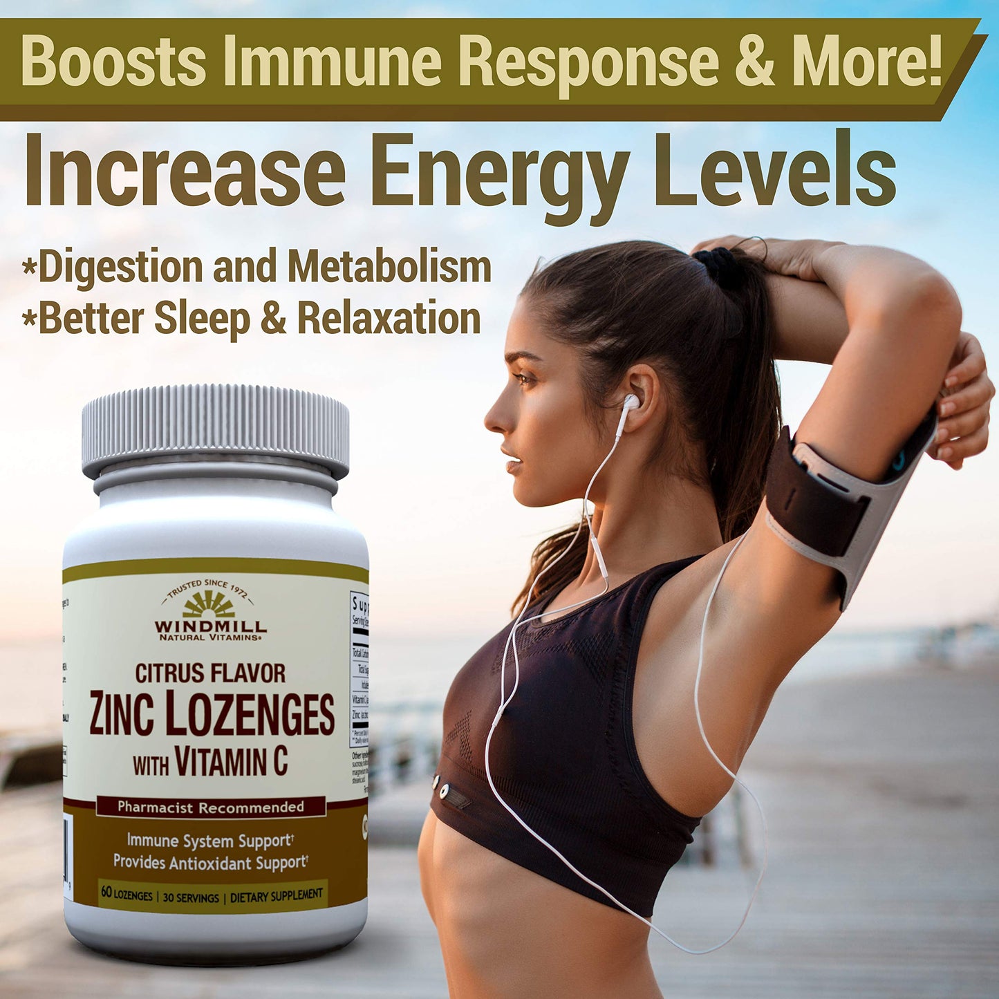 Windmill Zinc Lozenges with Vitamin C Honey Lemon Flavor, Lozenge, 60 Lozenges