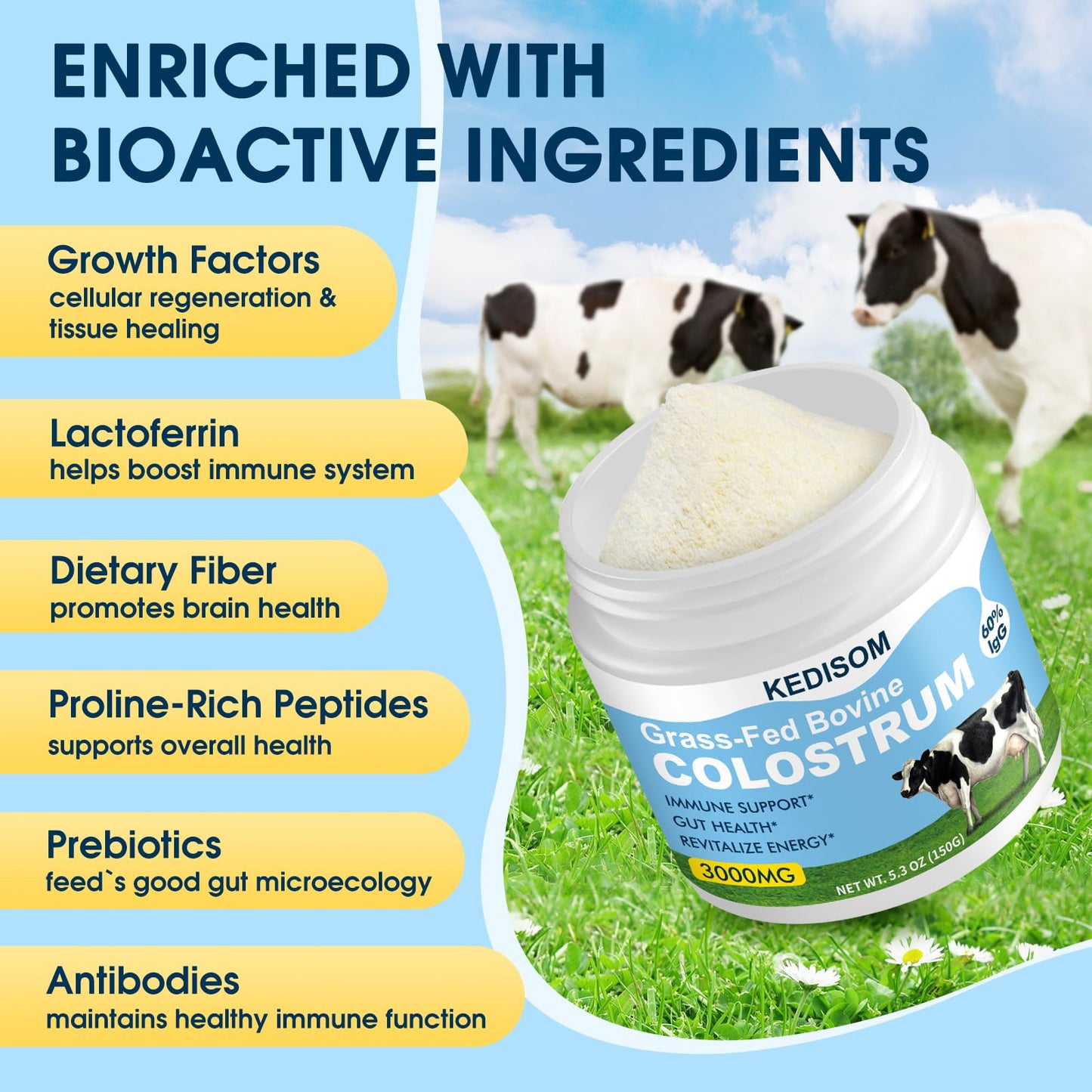 KEDISOM Grass-Fed Bovine Colostrum Supplement Powder, 50 Servings
