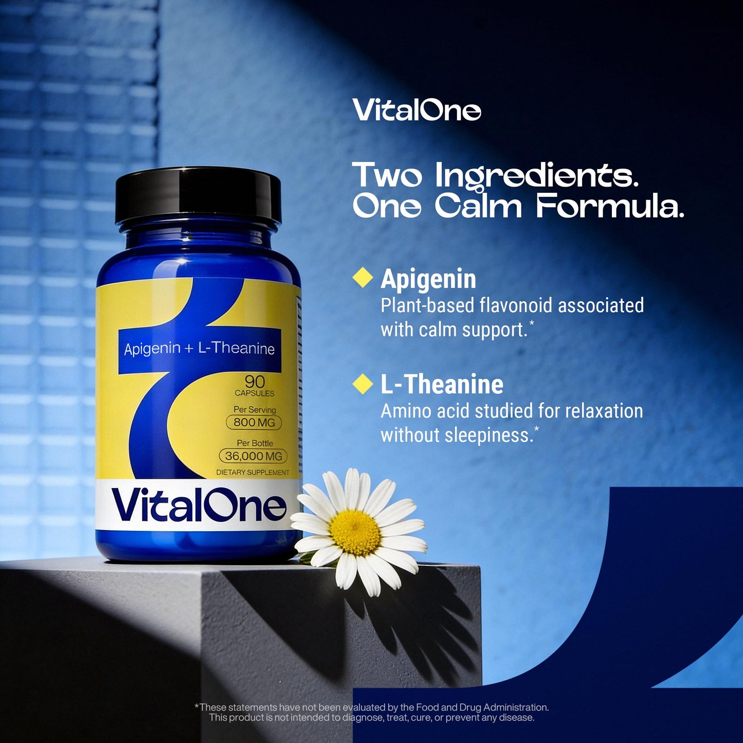 VitalOne Apigenin 200 mg + L-Theanine 600 mg Night Time Capsule, 90 Capsules