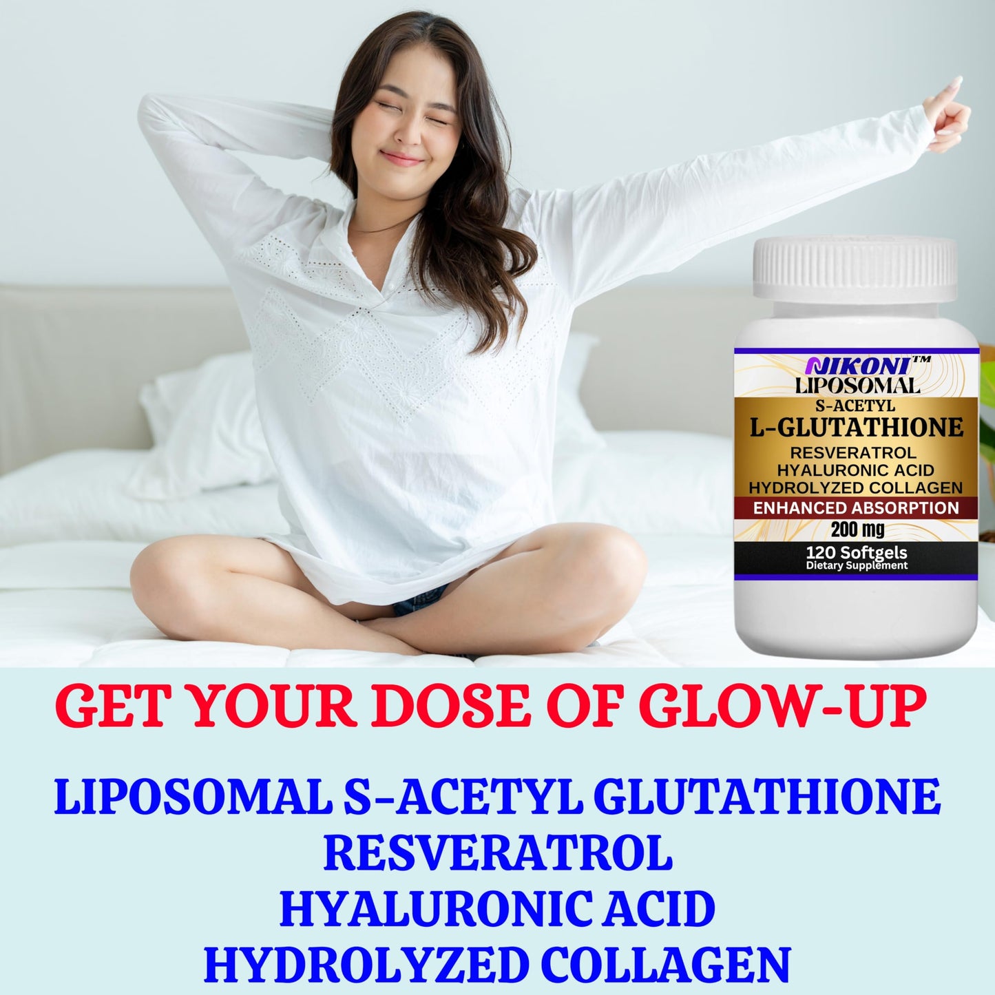 Nikoni Liposomal S-Acetyl L-Glutathione with Resveratrol, Hyaluronic Acid & Collagen 500 mg Softgels, 240 Softgels