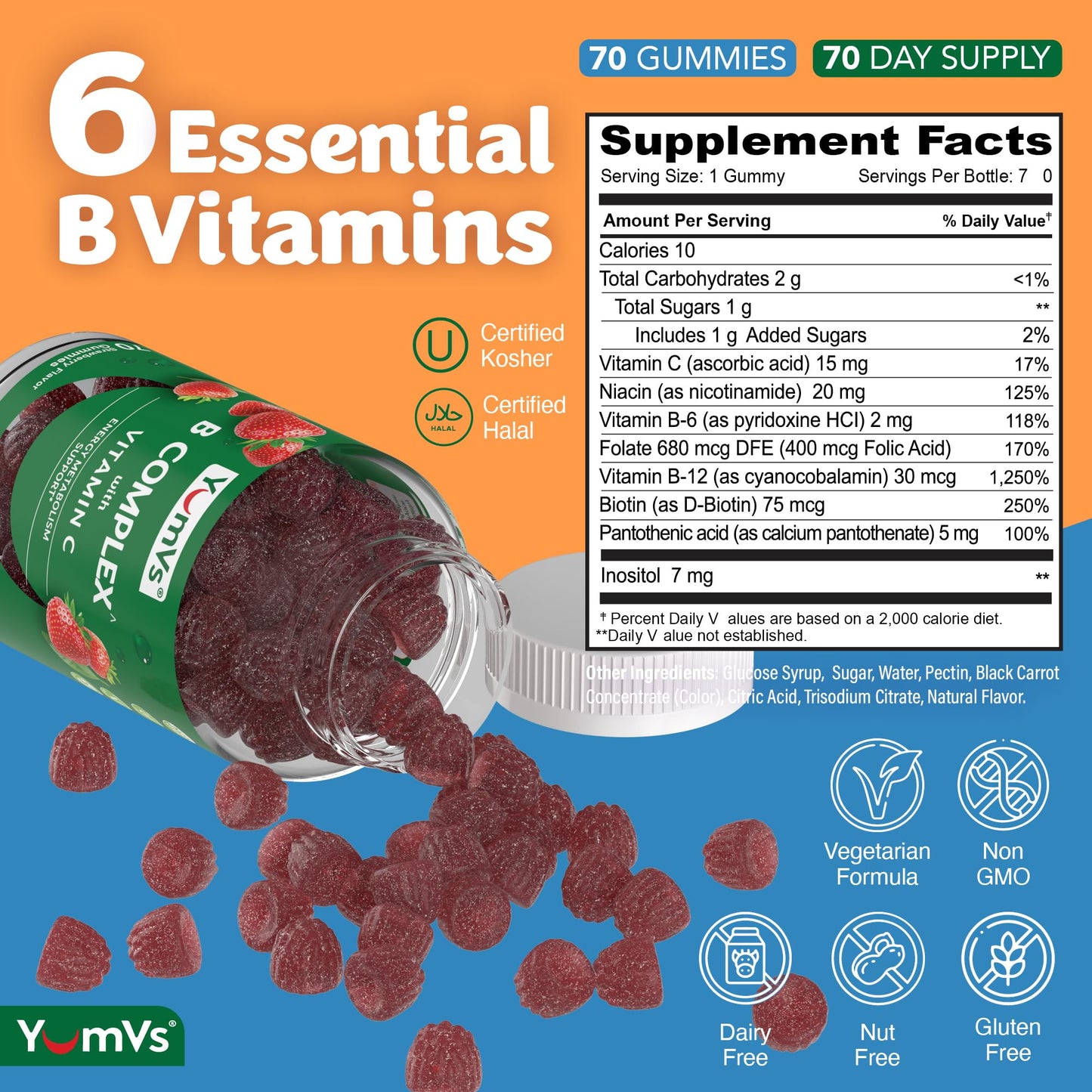 YUM-V'S B Complex Gummies with Vitamin C Chewable, 70 Count