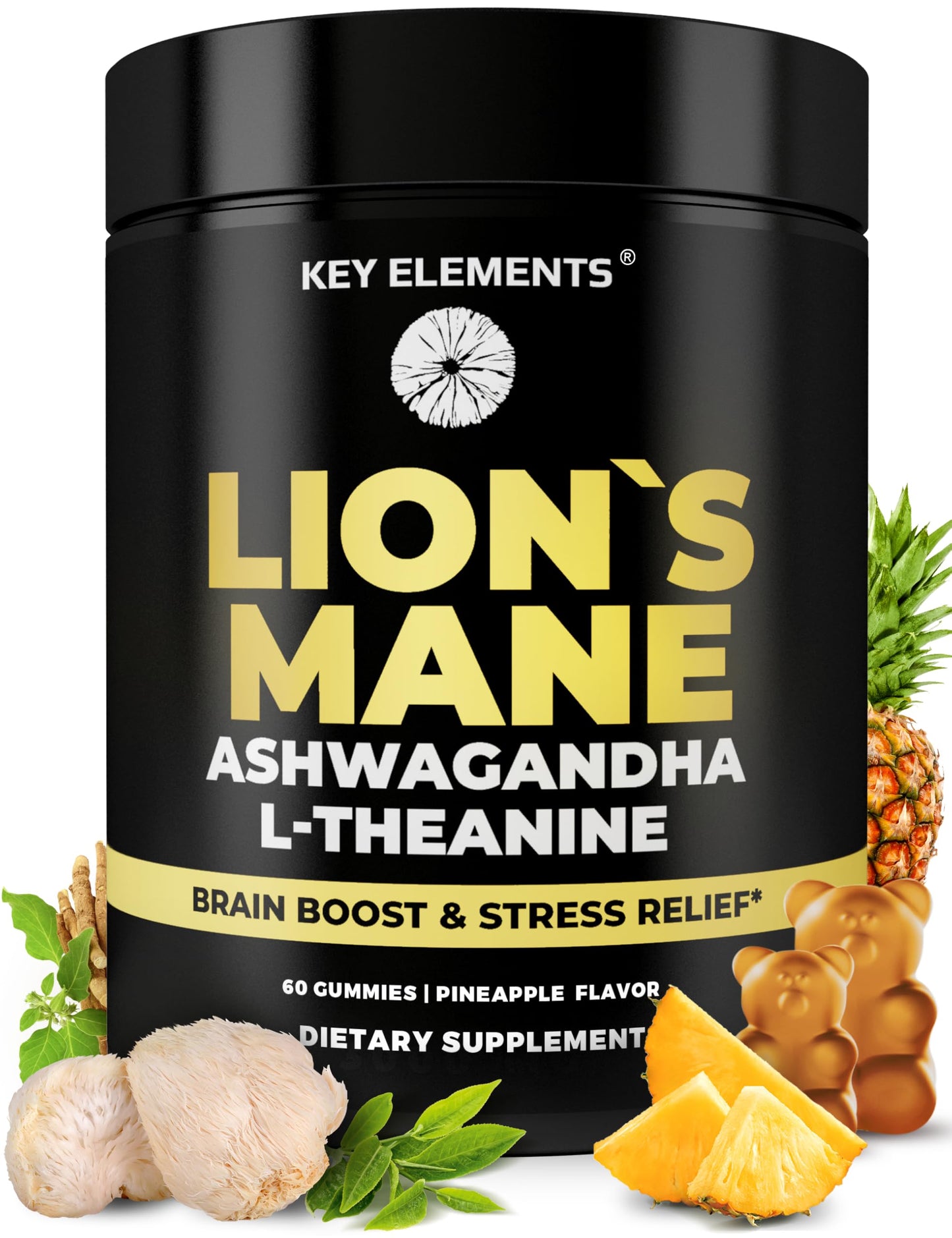 KEY ELEMENTS Lion's Mane Mushroom Gummies with Ashwagandha & L-Theanine, High Strength, 60 Gummies