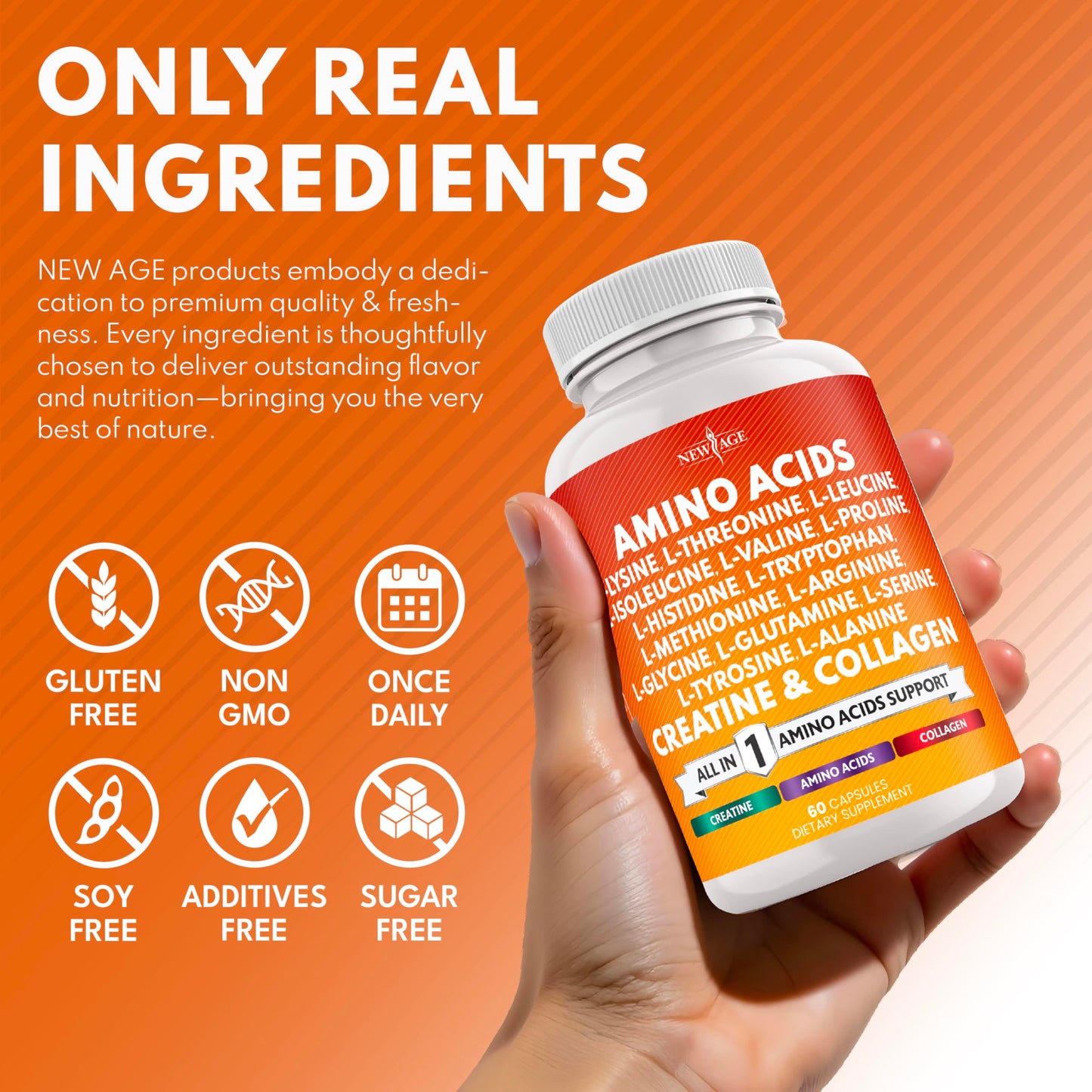 NEW AGE Amino Acids Supplement L-Lysine, L-Threonine, L-Leucine, Isoleucine, Valine, L-Histidine, L-Tryptophan, L-Methionine, L-Arginine, L-Cysteine, L-Glutamine, L-Serine, Aspartic Acid, Capsules, 60 Count