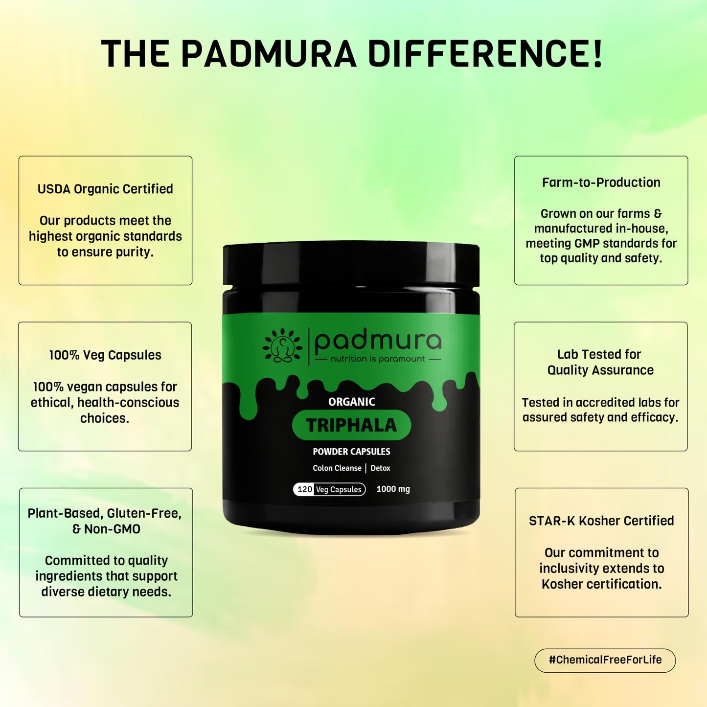 PADMURA Organic Triphala Powder Capsules 1000mg, 120 Veg Capsules