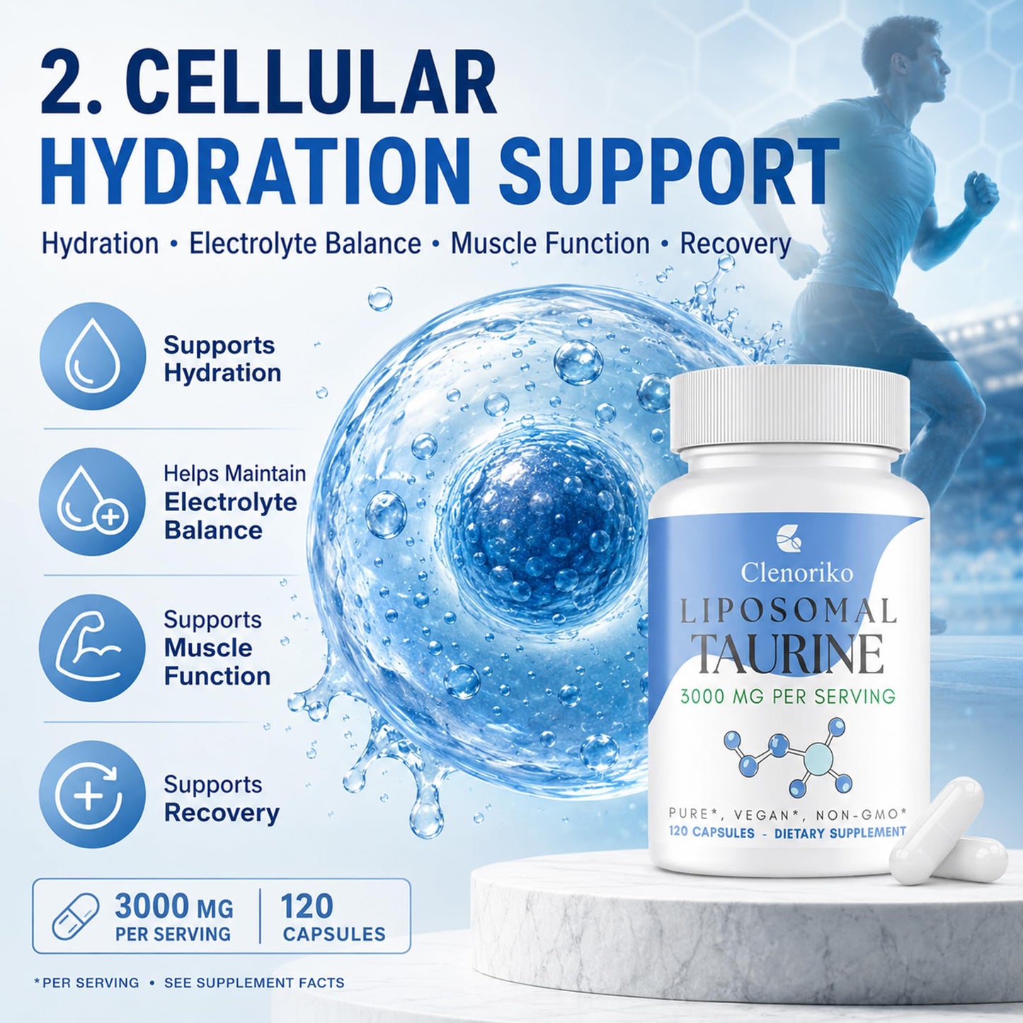 Clenoriko Liposomal Taurine Supplement 3000mg Capsule, 120 Count