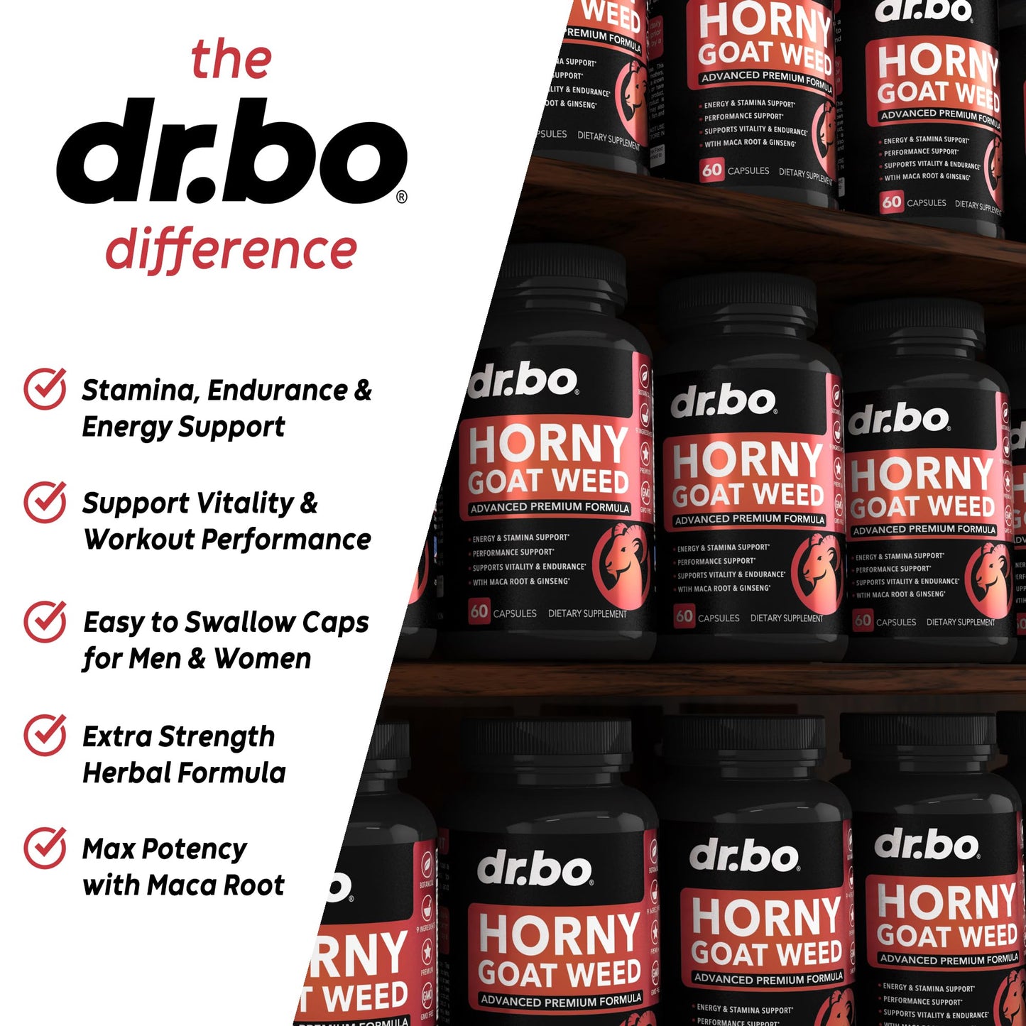 DR. BO Horny Goat Weed For Men and Women 1590mg Extra Max Male Enhancement, Stamina, Endurance, Performance - Maca Root, Tribulus, Muira Puama, L Arginine Ginseng 60 Capsules