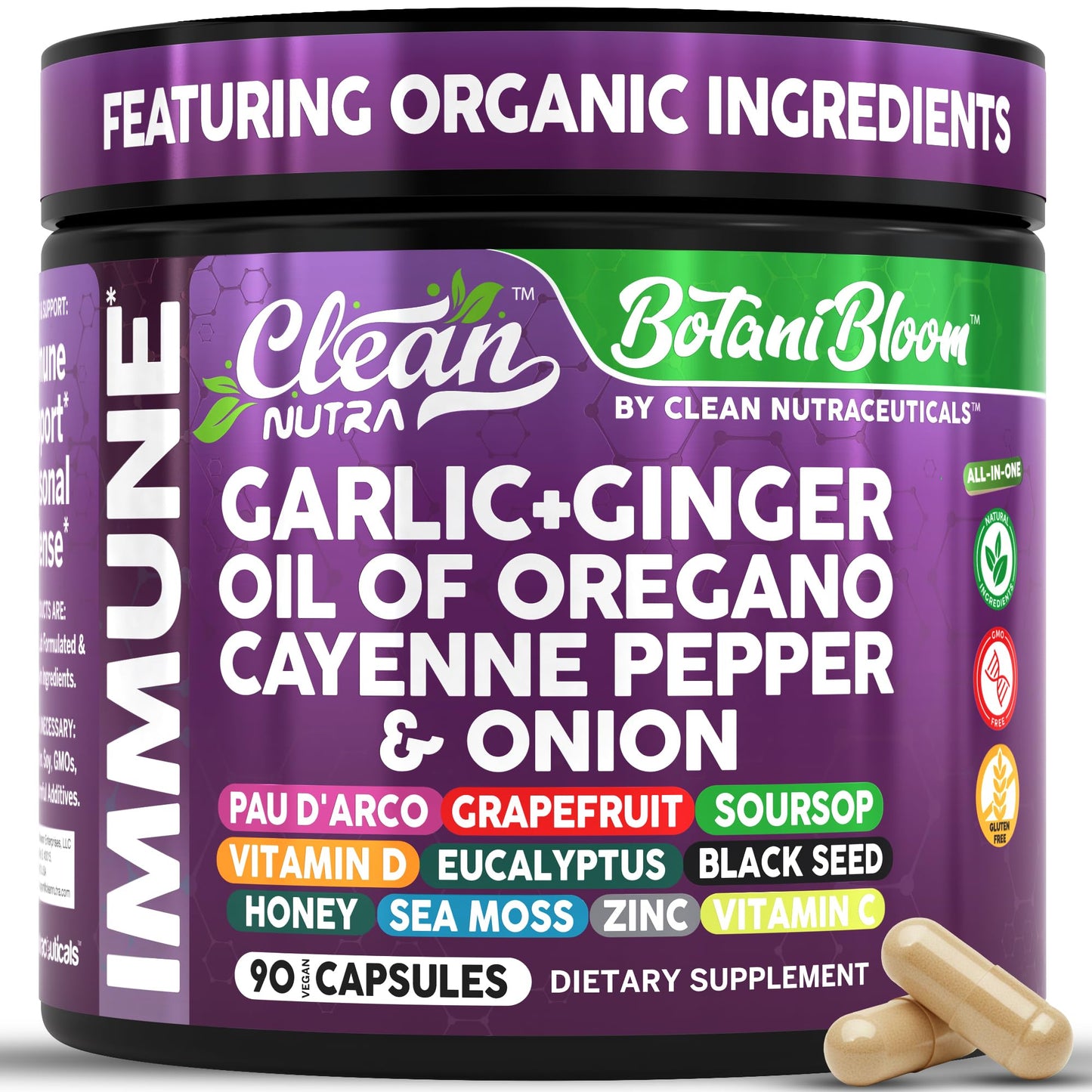Clean Nutraceuticals Garlic Ginger Oil of Oregano Cayenne Pepper Grapefruit Soursop Black Cumin Sea Moss Black Pepper Vitamin C and Zinc VIT C Detox Gut Health Black Seed Cleanse 90 Capsules