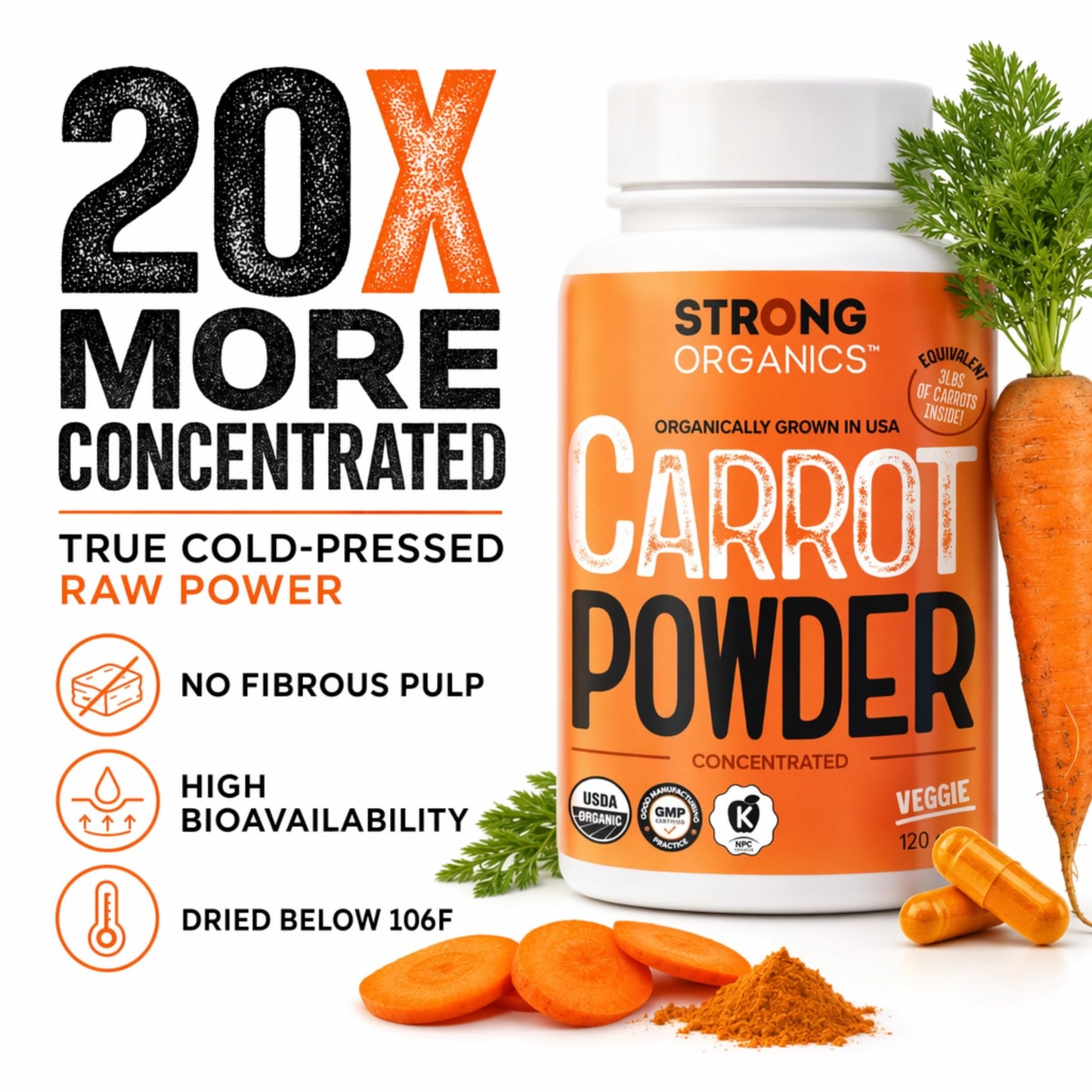 Strong Organics Organic Beta Carotene Eye Vitamins for Adults Carrot Vitamin A Capsule 120 Count
