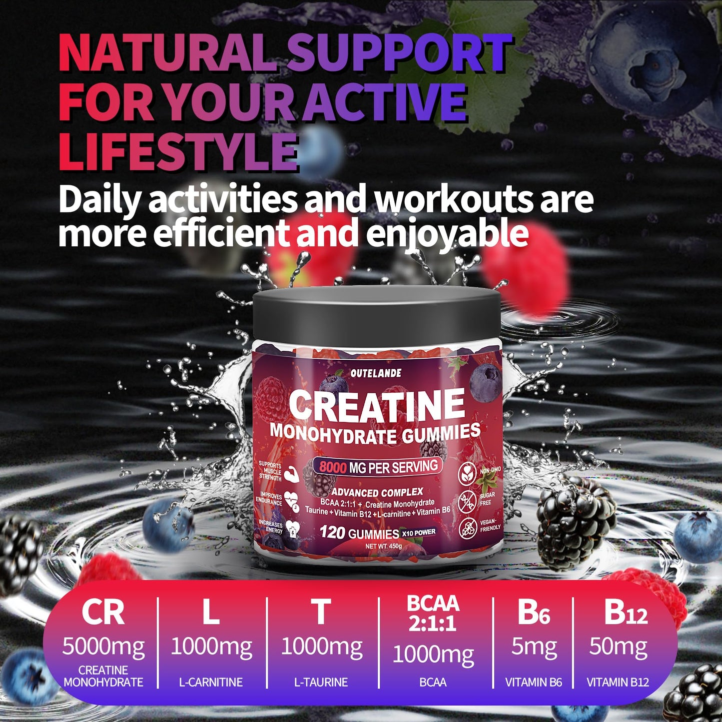 OUTELANDE Creatine Monohydrate Gummies 120 Count