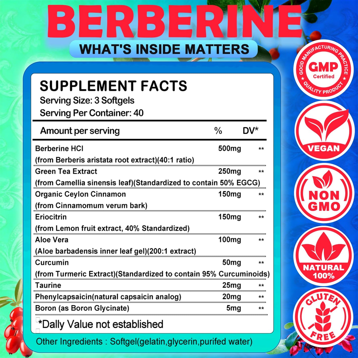 AMENQ hHEALTH Berberine Supplement with Ceylon Cinnamon, Natural GLP & Metabolic Booster Softgel 120 Count