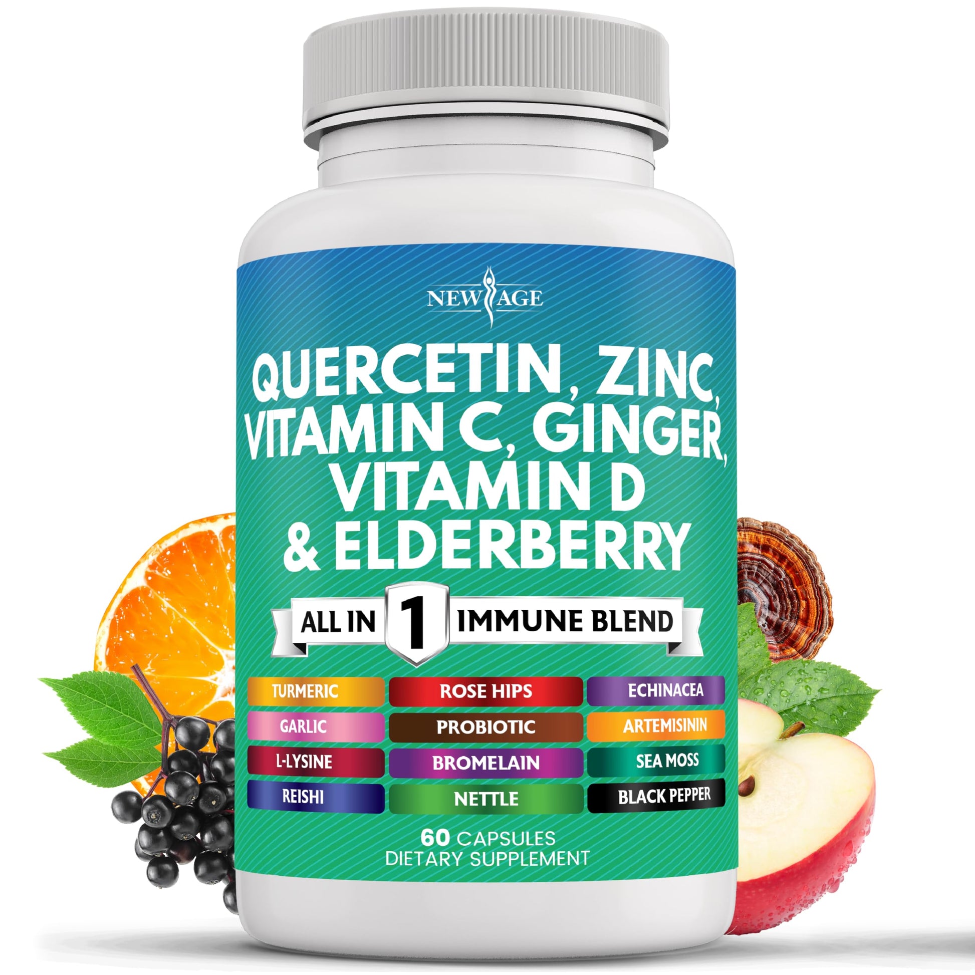 NEW AGE Quercetin Zinc Vitamin C Vitamin D Bromelain Elderberry Nettle Supplement with Artemisinin, Sea Moss, Echinacea Capsules, 60 Capsules