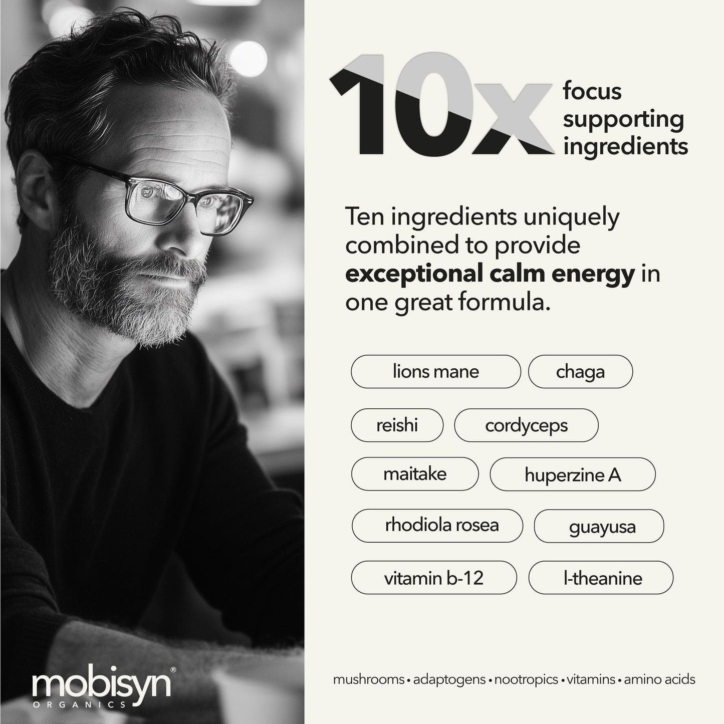 Mobisyn Lion's Mane Adaptogenic Mushrooms Nootropics Brain Support Capsule 90 Count