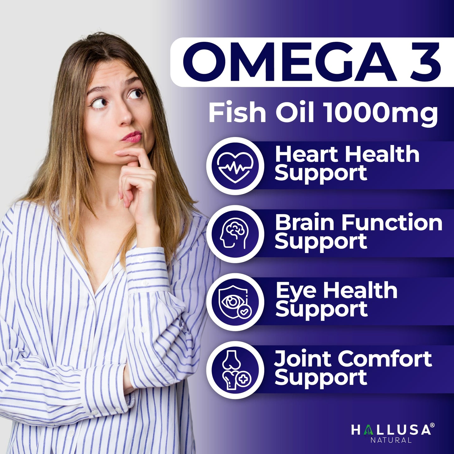Hallusa Natural Omega 3 Fish Oil 1000mg with 800mg Omega-3, Essential Fatty Acids EPA & DHA, Heart, Brain & Eye Support Softgel 60
