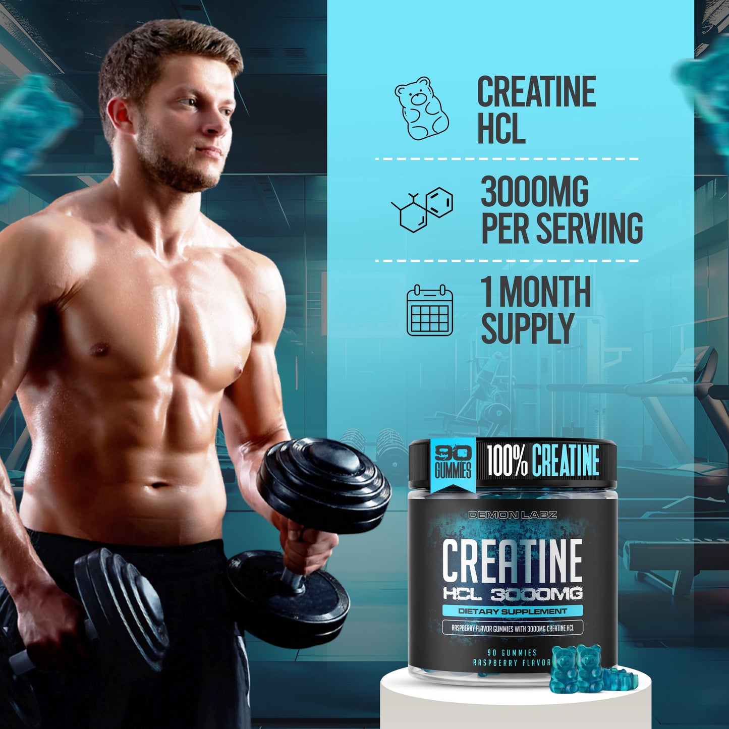 Demon Labz Creatine HCl Gummies 3000mg Per Serving, Raspberry Flavor, 90 Gummies