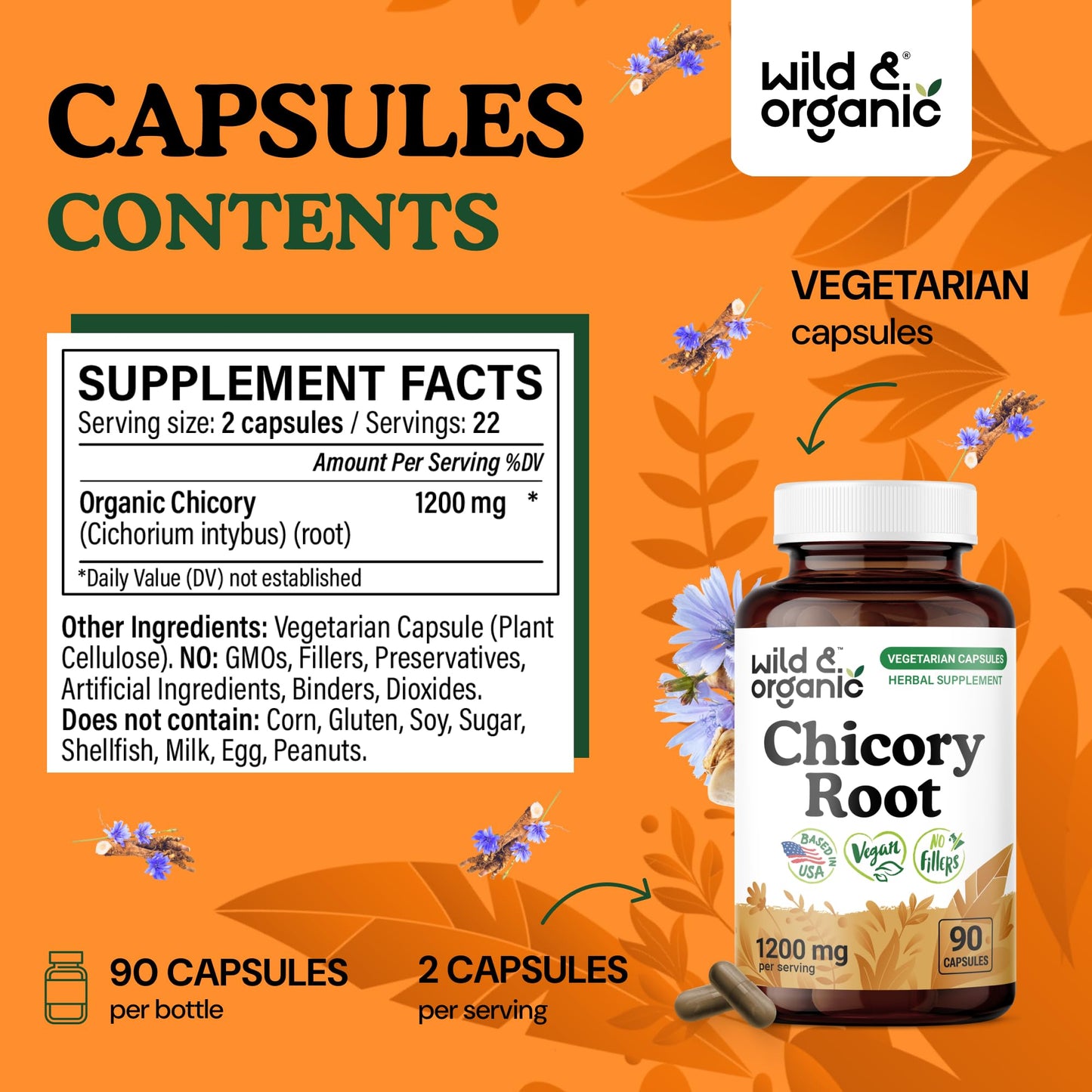 Wild & Organic Chicory Root Capsules, 90 Count