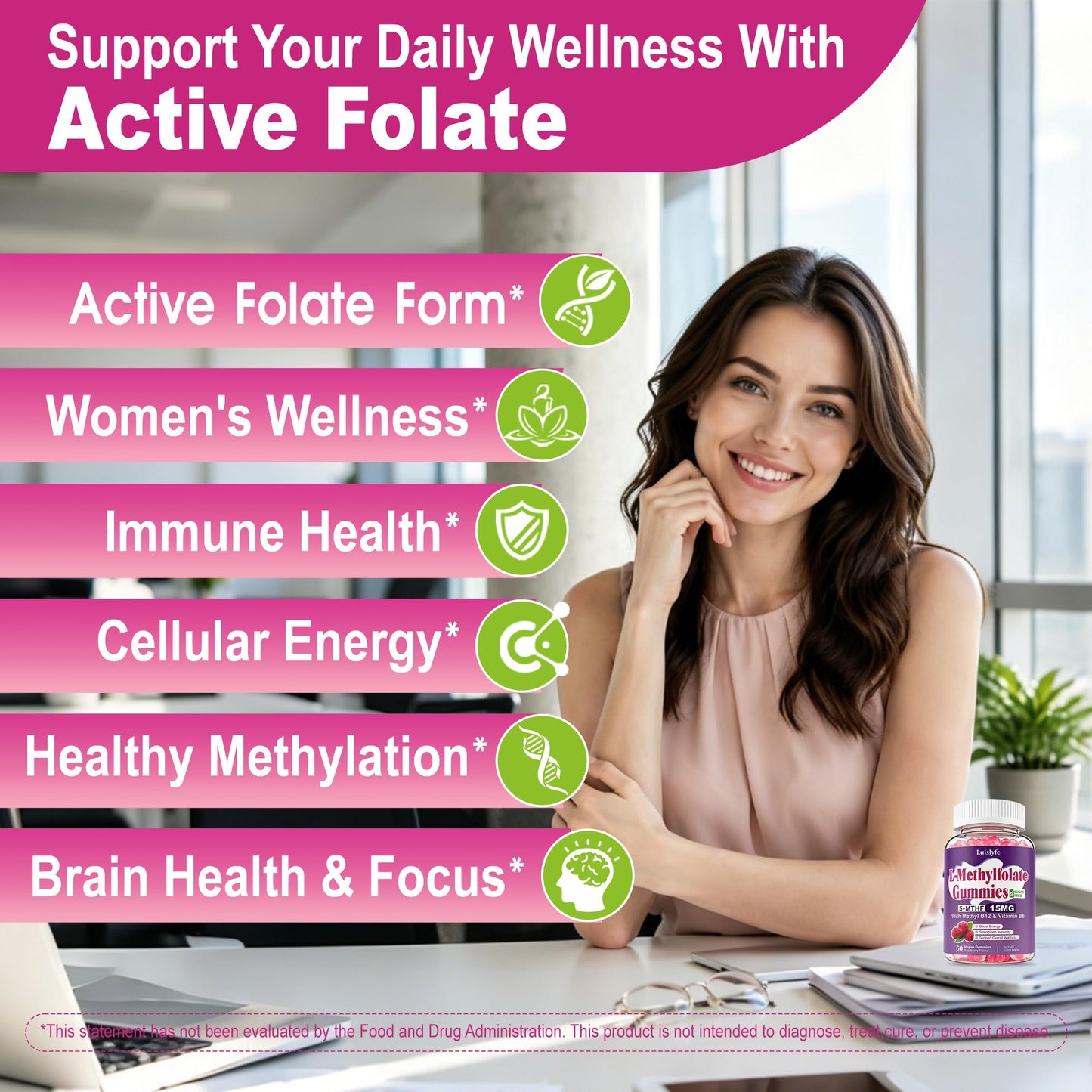 Luislyfe L-Methylfolate 15mg Gummies & Methyl B12, High Absorption Active Folate 5-MTHF Supplement for Cognition, Mood & Immune, Sugar Free, Vegan, Non-GMO, Raspberry Flavor, 60 Count