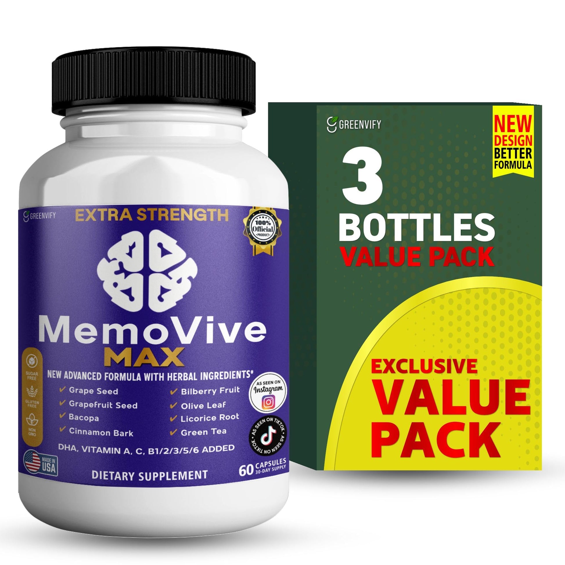 GREENVIFY MemoVive MAX Extra Strength Memory Support Supplement Capsule, 60 Capsules