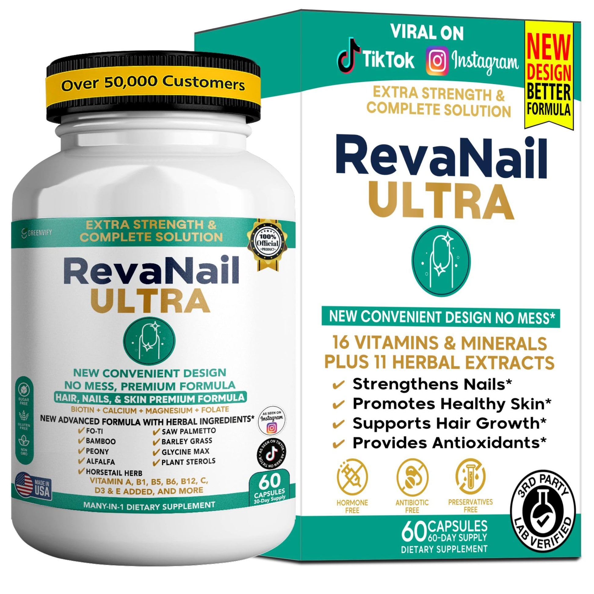 GREENVIFY RevaNail Ultra Hair, Nails & Skin Formula Capsules, 60 Capsules