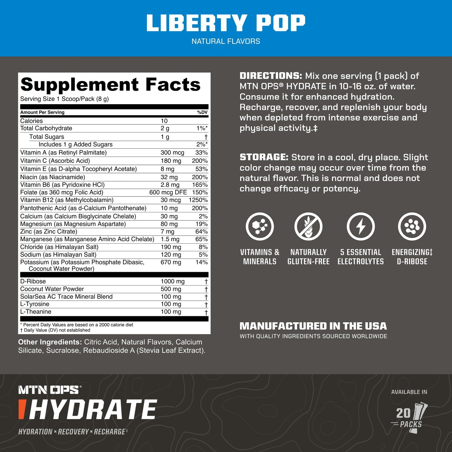 MTN OPS Hydrate Sugar Free Electrolyte Powder Liberty Pop 5.6 Ounce