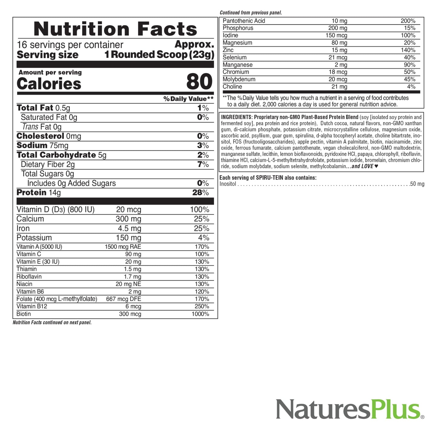 NaturesPlus Spiru-Tein Simply Natural Original Chocolate Protein Powder, 13.12 oz