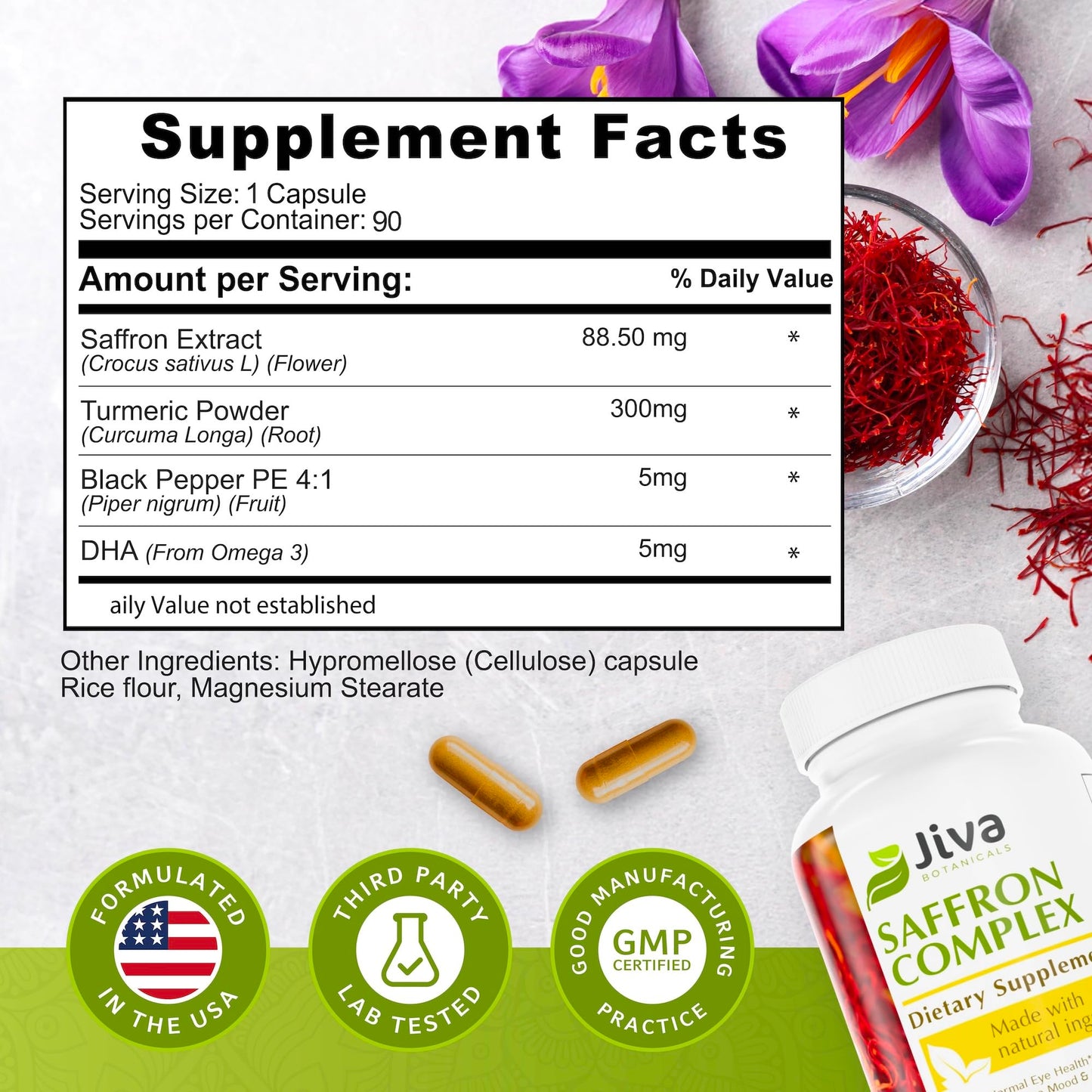Jiva Botanicals Saffron Extract Capsules 88.5 mg with Turmeric & Black Pepper, Capsule, 90 Count