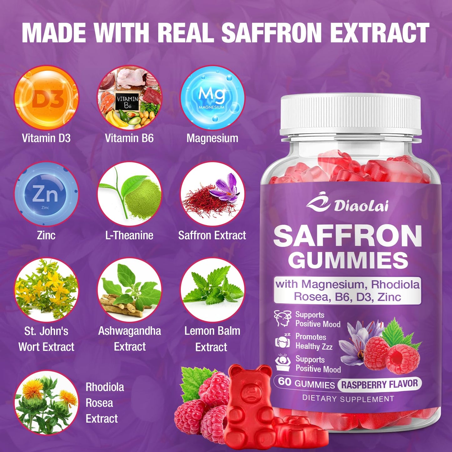 DIAOLAI Max Strength Saffron Gummies 88.5mg with Magnesium, St. John's Wort & Rhodiola for Mood Support, Focus - Sugar-Free, 120 Count
