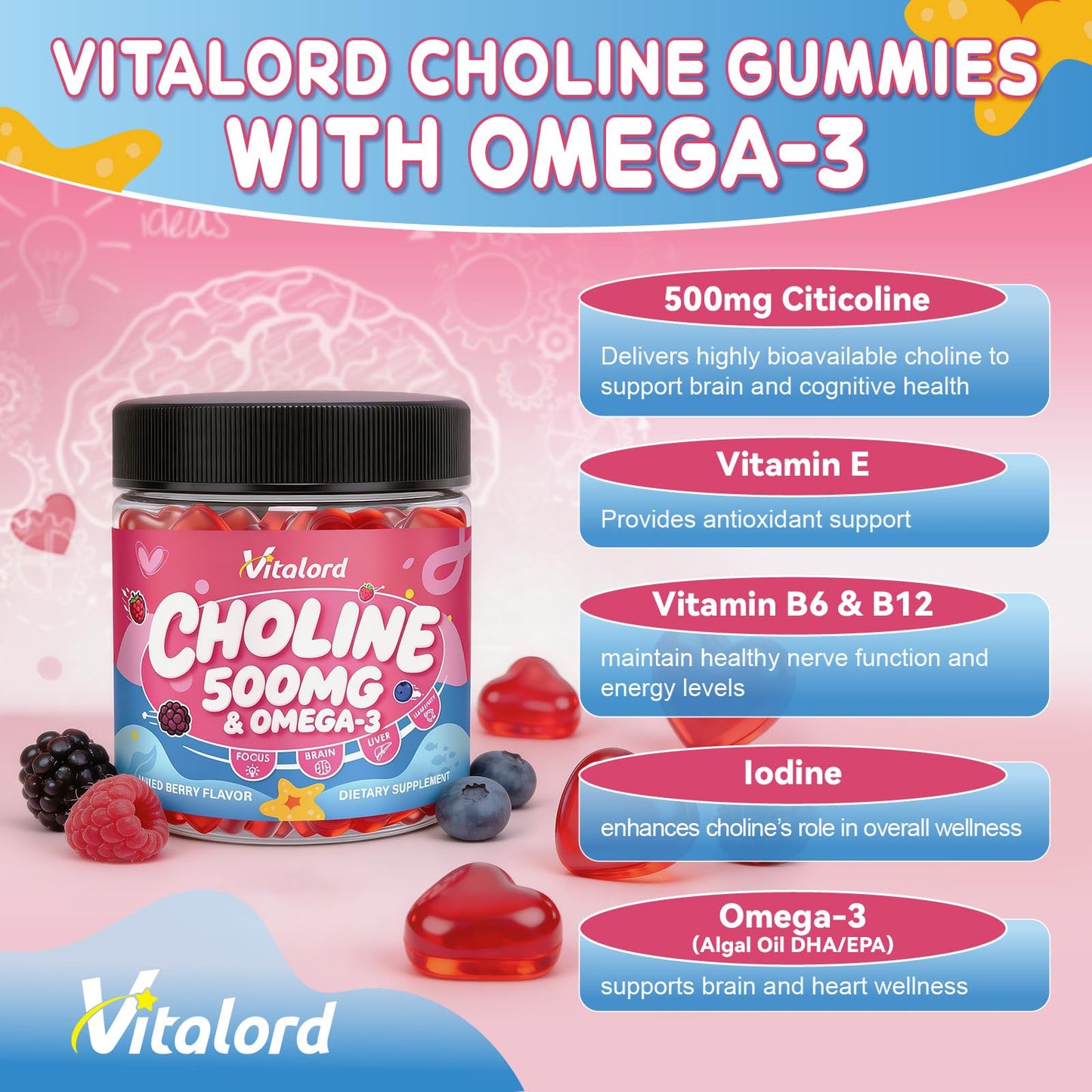 Vitalord CDP Choline with Omega-3 Gummies 500mg, 60 Count