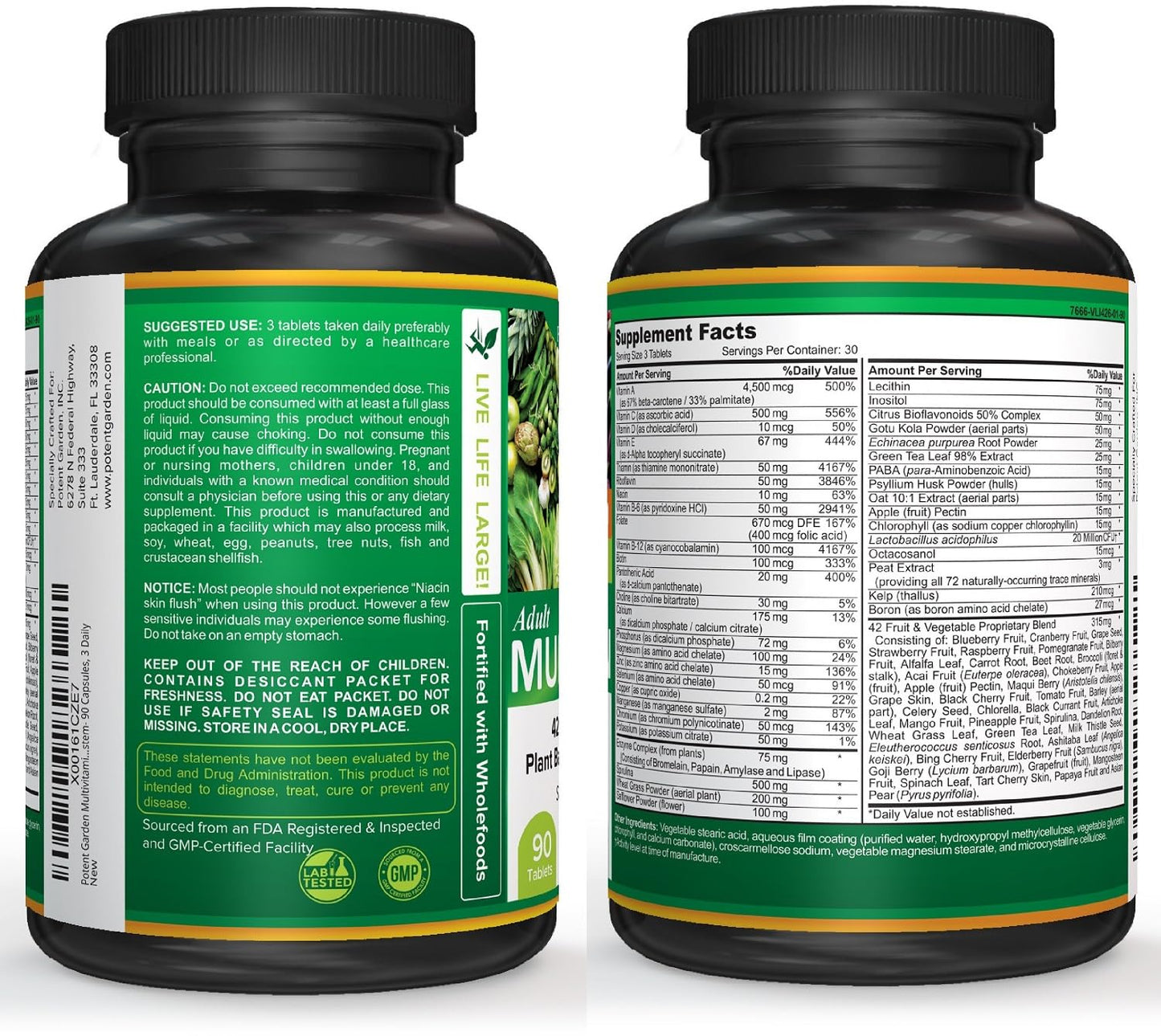 Potent Garden Multivitamin for Men & Women – 42 Fruits & Vegetables, Probiotics & Enzymes, Daily Whole Food Supplement for Energy, Immune Support & Digestion, Non-GMO, 90 Tablets