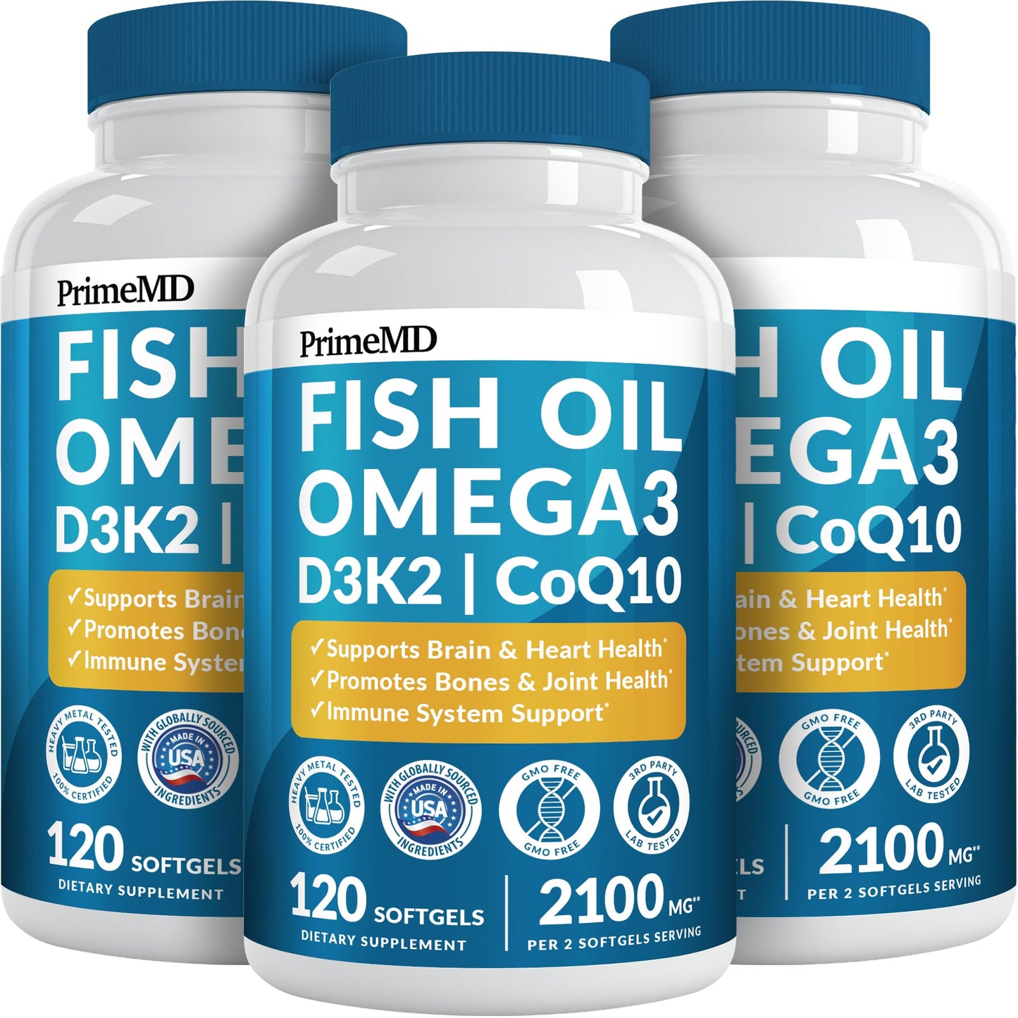 PrimeMD 5-in-1 Fish Oil Omega 3 Fatty Supplements (2100mg) - Omega 3 Fish Oil with Vitamins D3 K2 and CoQ10 - Lemon Flavored Softgels 360