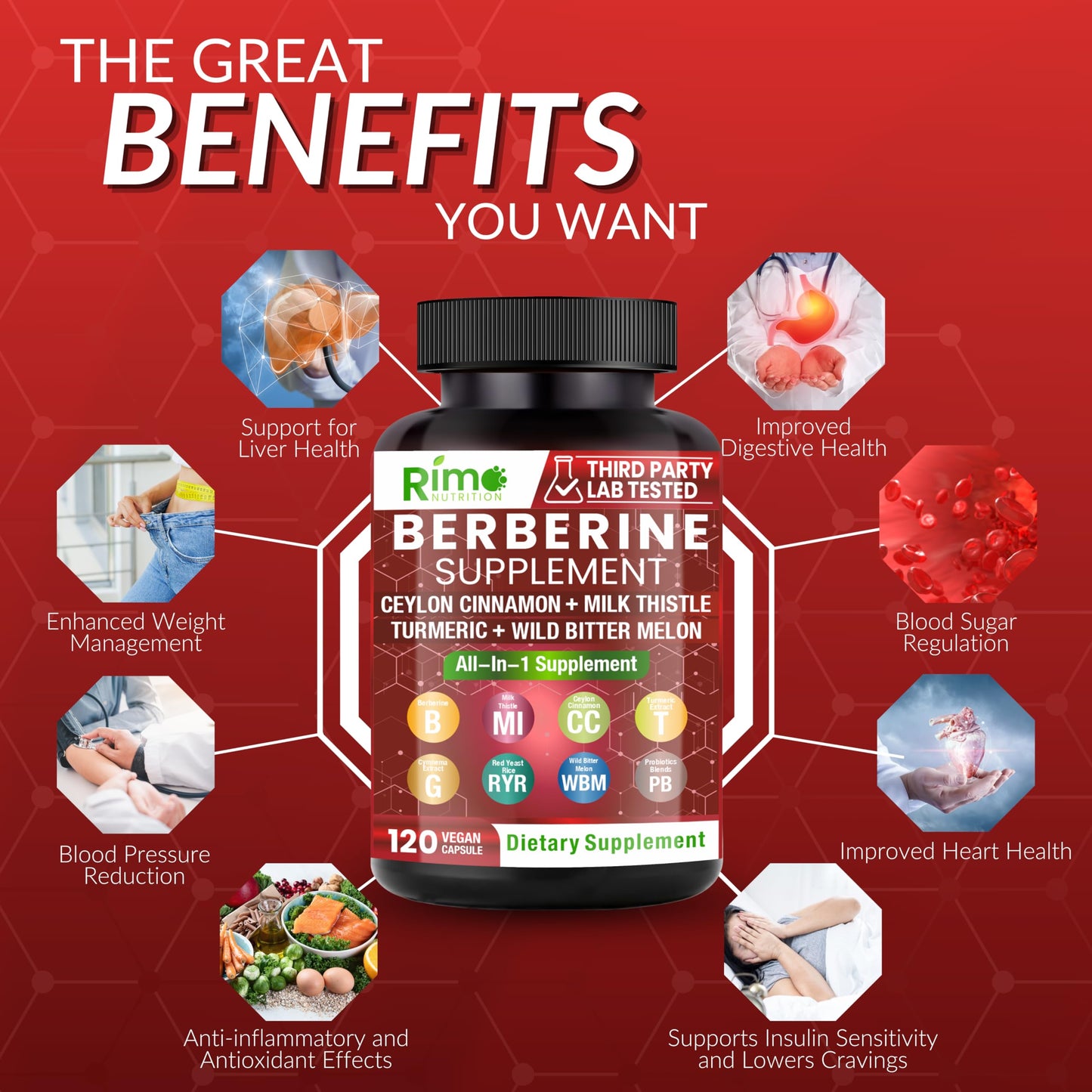 Rimo Nutrition 8-in-1 Berberine Supplement 120 Capsules