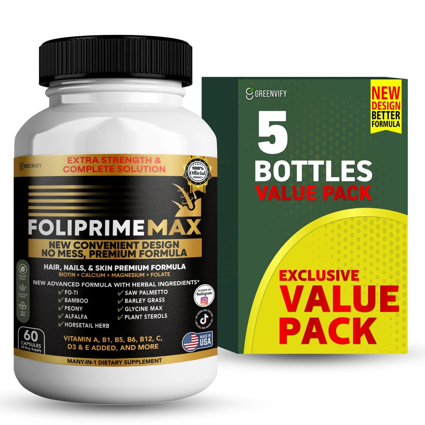 GREENVIFY Foliprime Max Hair, Nails & Skin Supplement with Biotin, Vitamins, Minerals & Herbal Blend, 60 Capsules