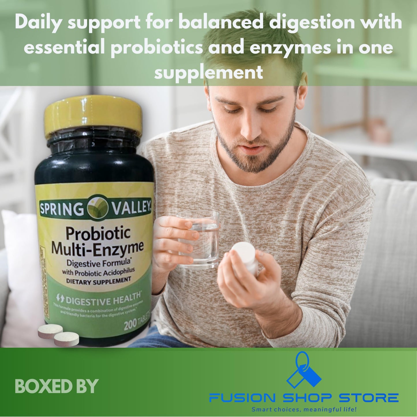 FUSION SHOP STORE Probiotic Multi Enzymes Digestive Formula with Acidophilus for Gut Health Tablets, 200 Count