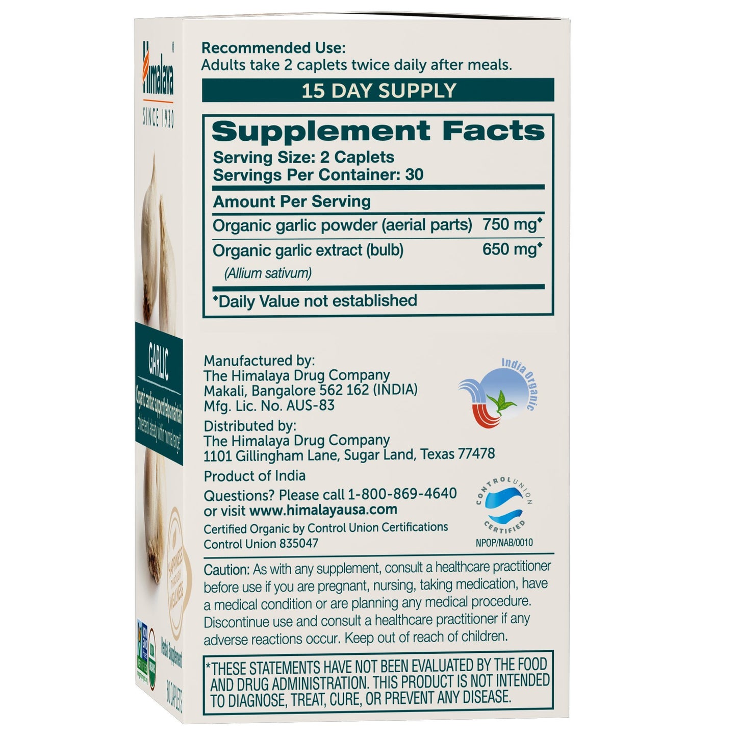 Himalaya USDA Organic Garlic Supplements Capsule 60 Count