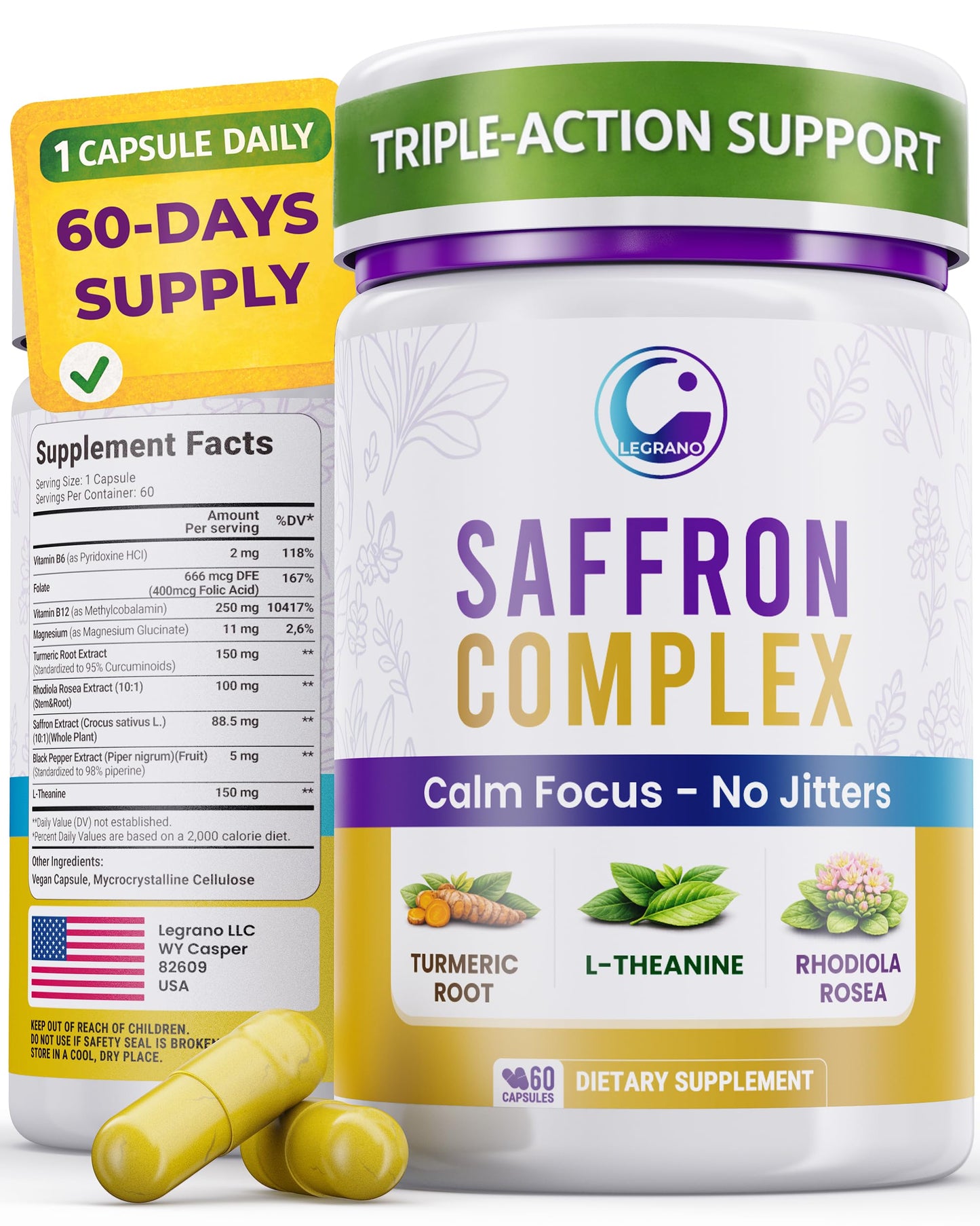 LEGRANO Premium Saffron Extract Capsules, 60 Count